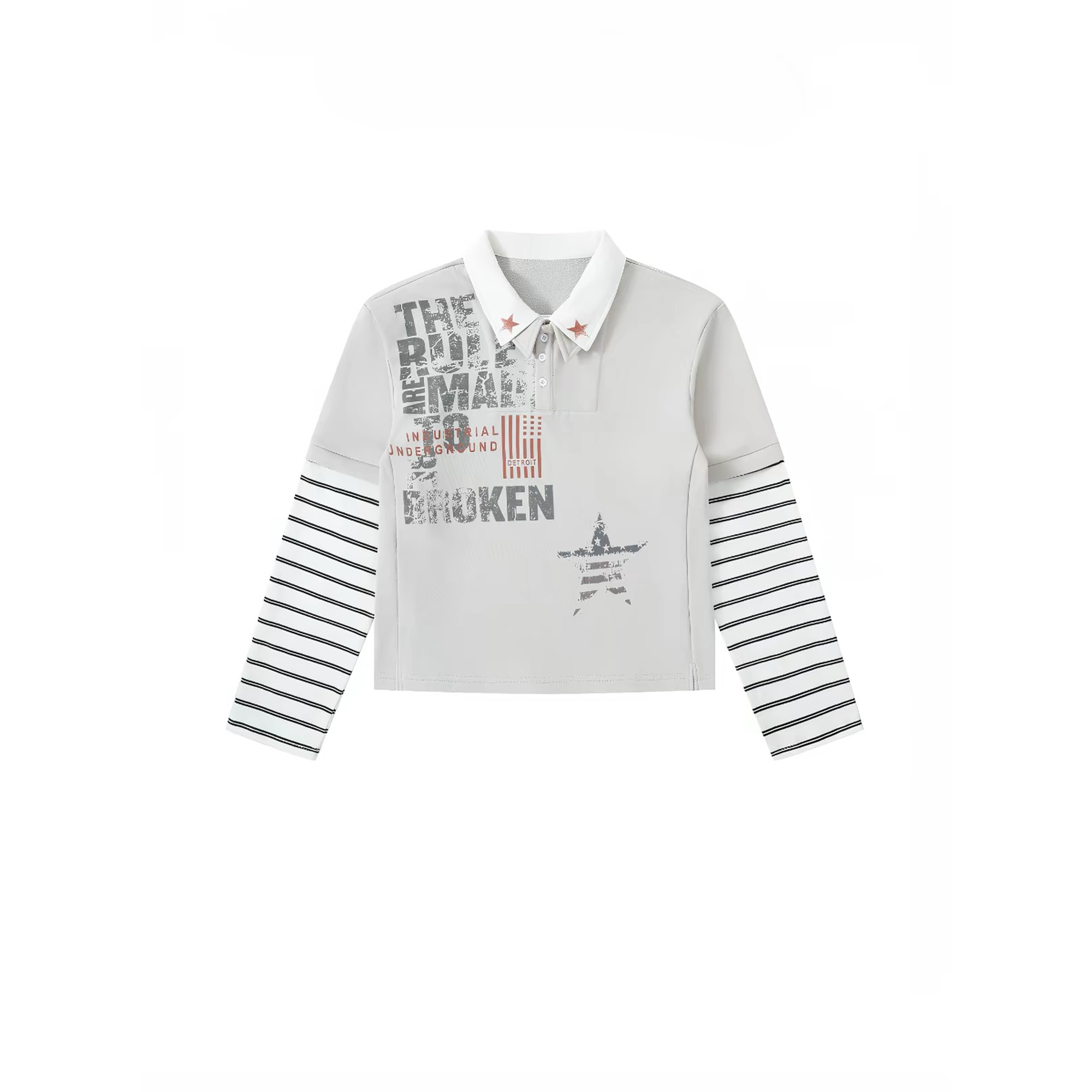 REGEN ZONE Layered Graphic Striped Polo Long-Sleeve Tee