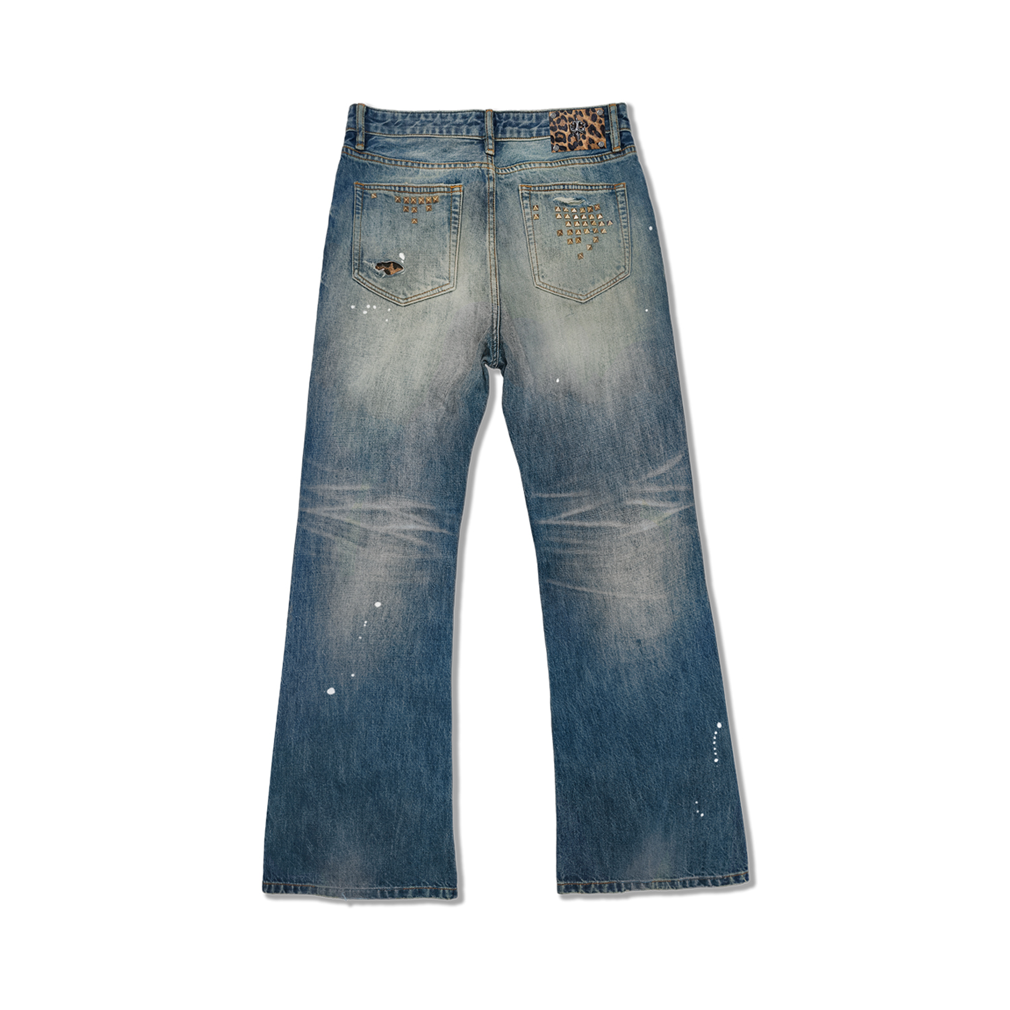 WANNA LAB Distressed Leopard Patch Studded Paint-Splattered Flared Jeans