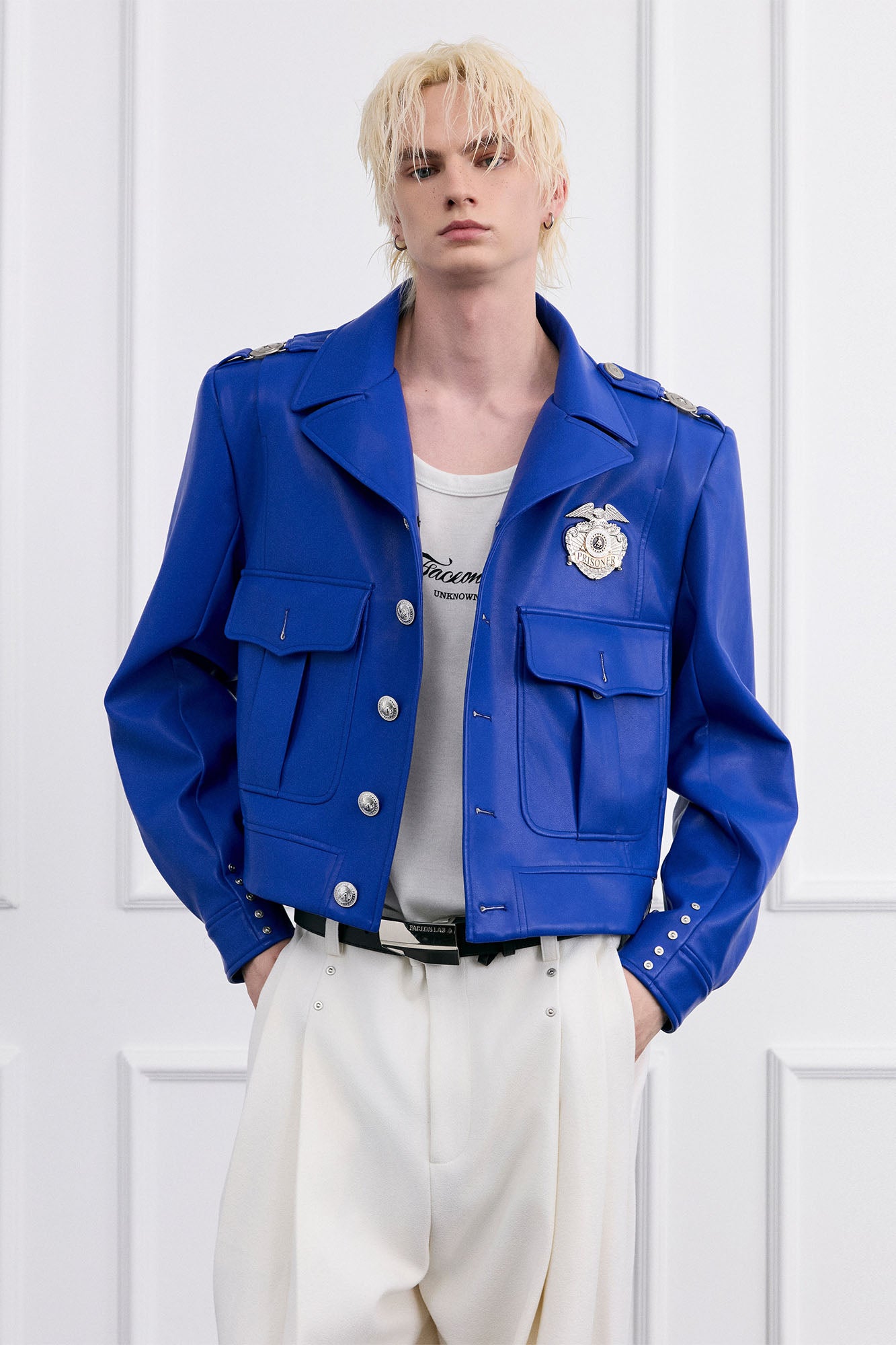 FACEONLAB Badge Faux Leather Officer Jacket, premium urban and streetwear designers apparel on PROJECTISR.com, FACEONLAB