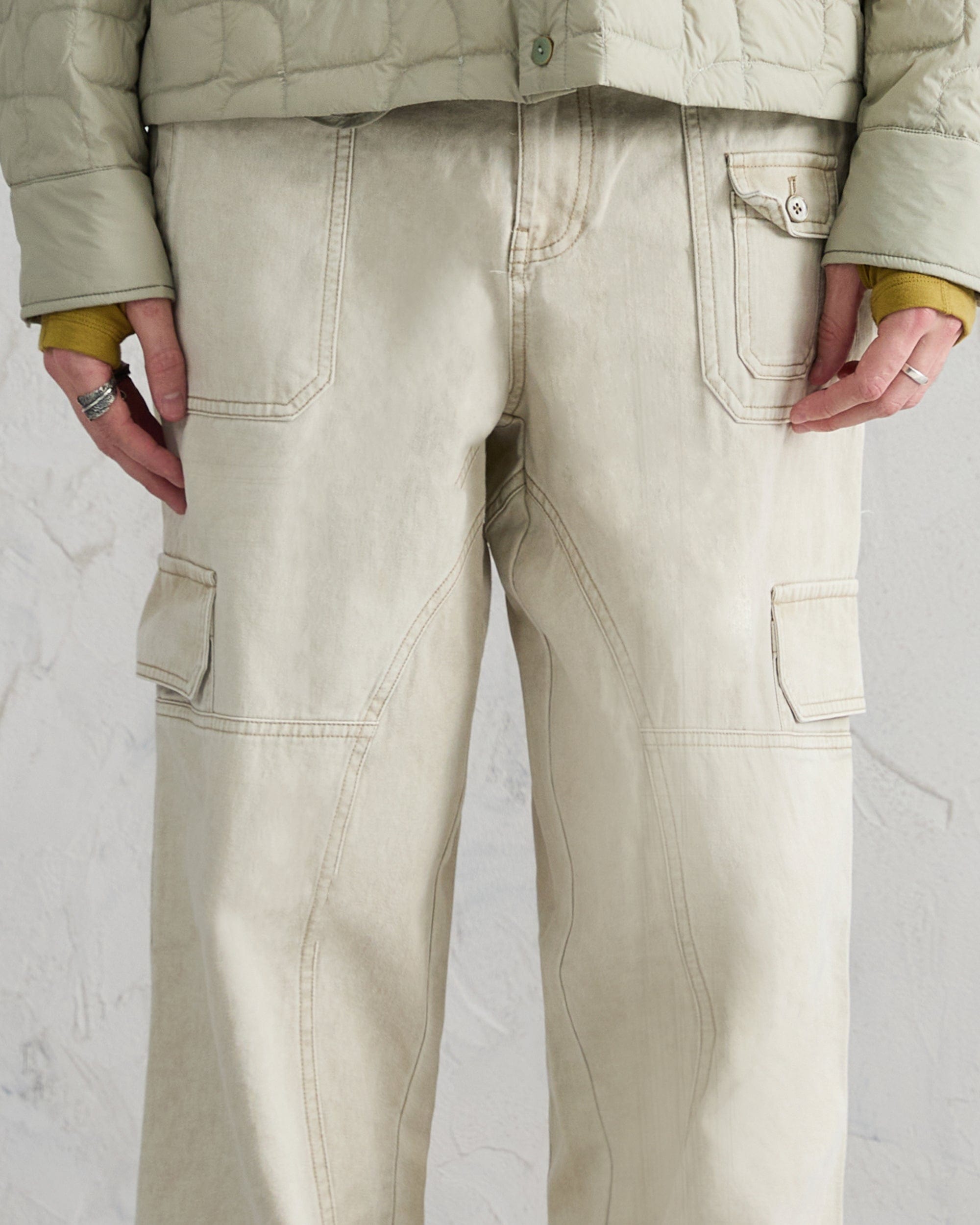 ORGANIC EMOTION Deconstructed Layered-pocket Button Pants, premium urban and streetwear designers apparel on PROJECTISR.com, ORGANIC EMOTION