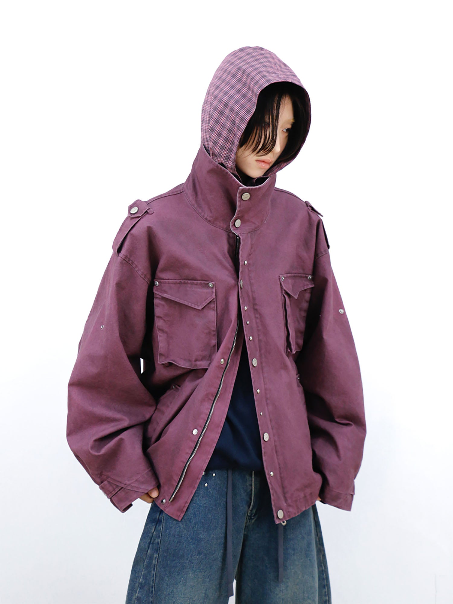 RELABEL Distressed Plaid Hood Oversized Jacket Purple, premium urban and streetwear designers apparel on PROJECTISR.com, RELABEL