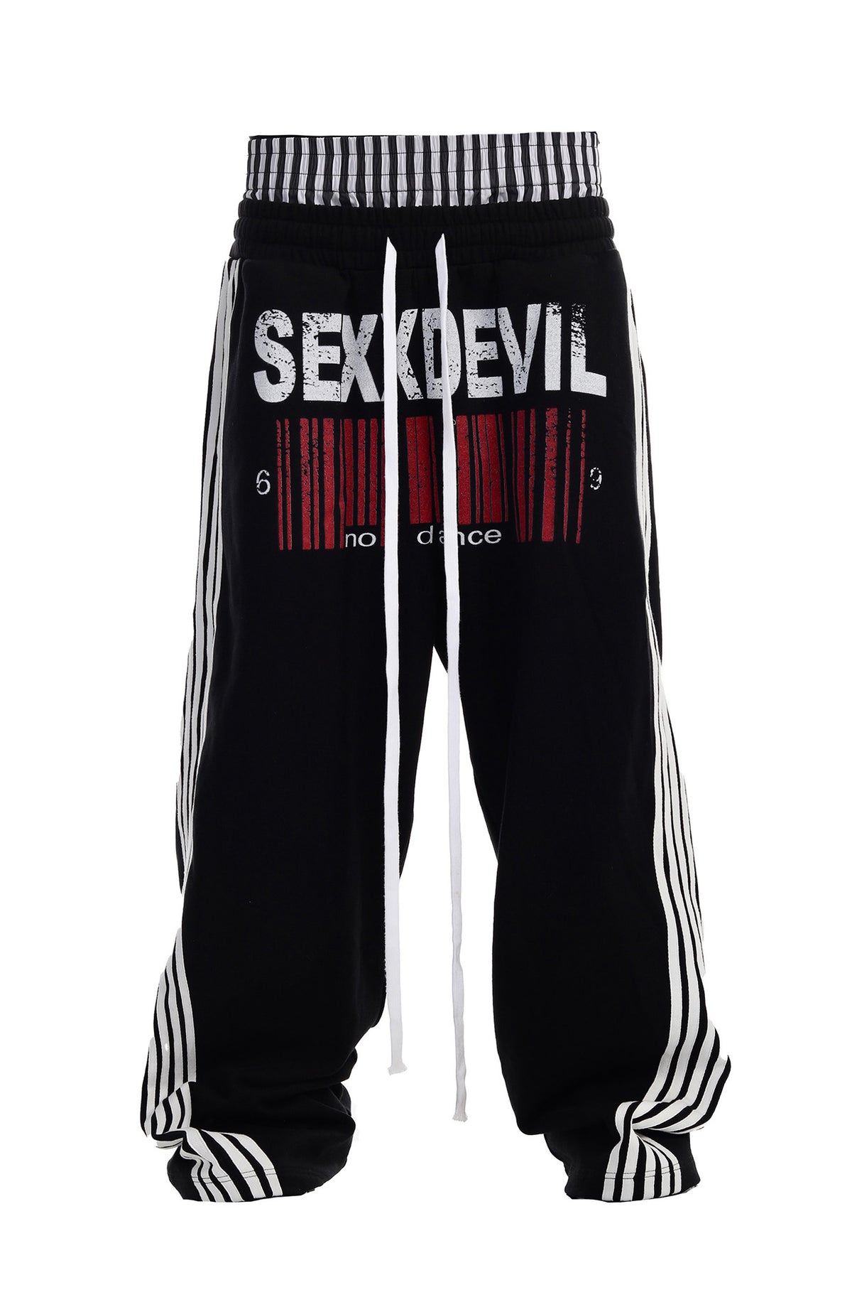 SEXXDEVIL Striped Embroidered Paint-Splattered Sweatpants