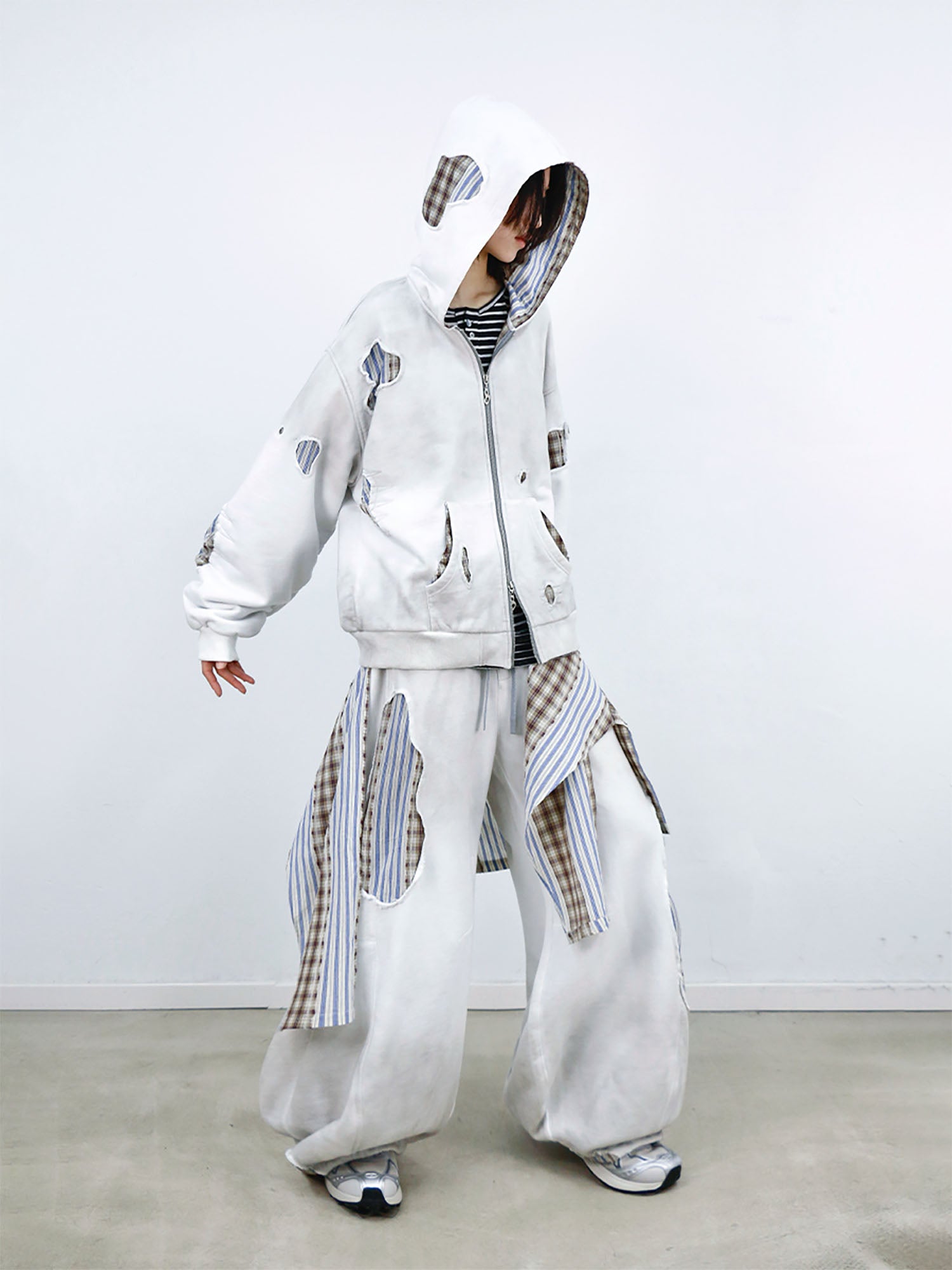 RELABEL Distressed Plaid Cut-Out Layered Hooded Jacket, premium urban and streetwear designers apparel on PROJECTISR.com, RELABEL