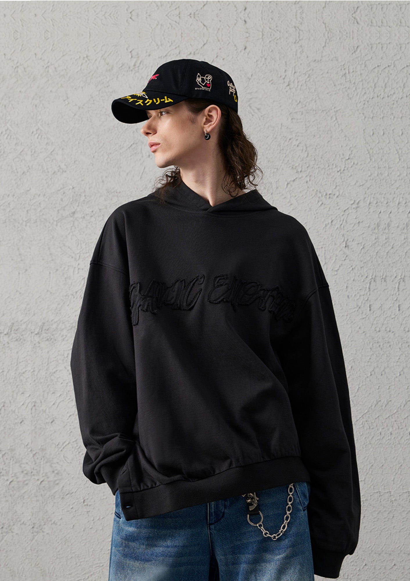 ORGANIC EMOTION Asymmetrical Hem LOGO Embroidered Hoodie, premium urban and streetwear designers apparel on PROJECTISR.com, ORGANIC EMOTION