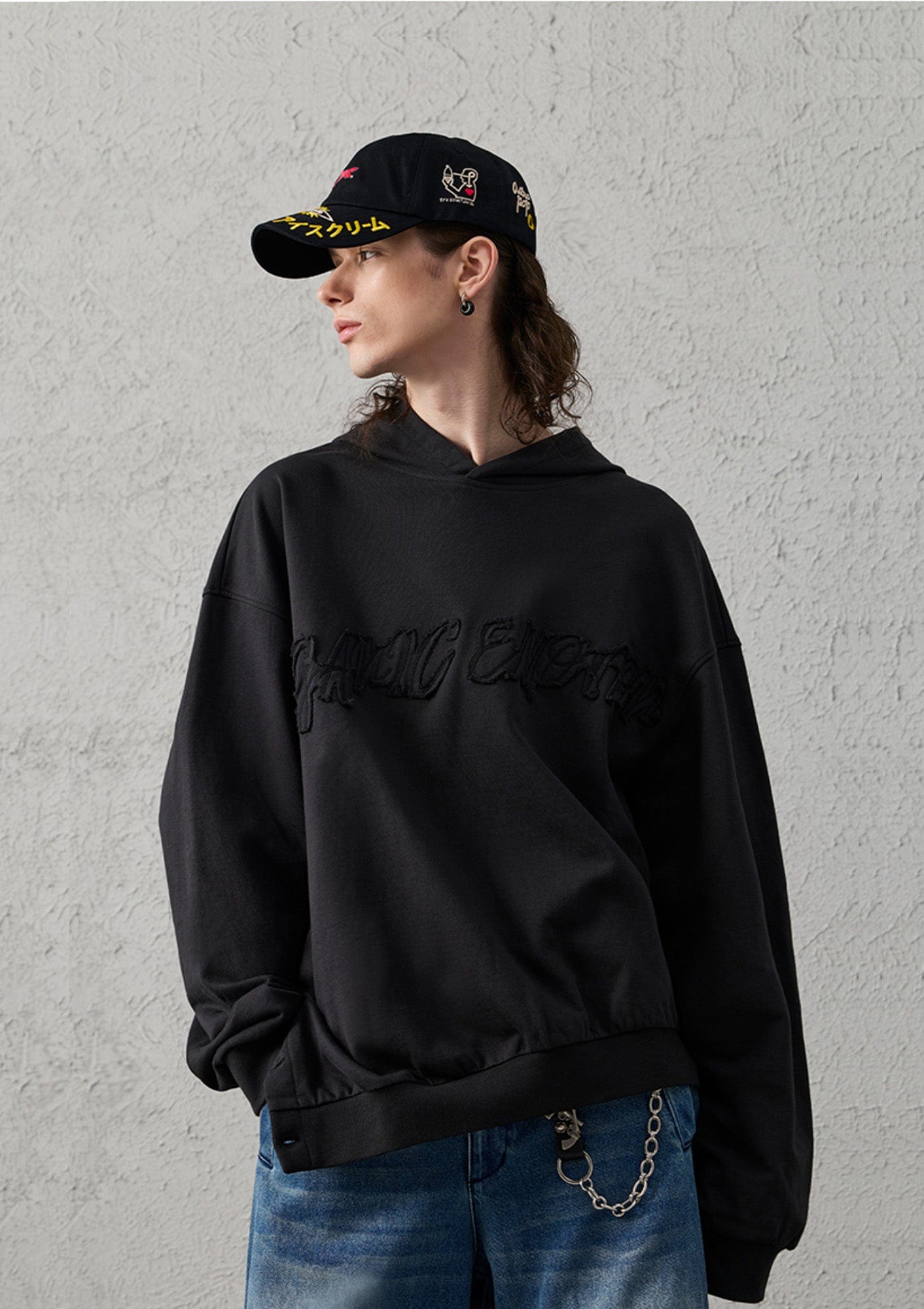 ORGANIC EMOTION Asymmetrical Hem LOGO Embroidered Hoodie, premium urban and streetwear designers apparel on PROJECTISR.com, ORGANIC EMOTION