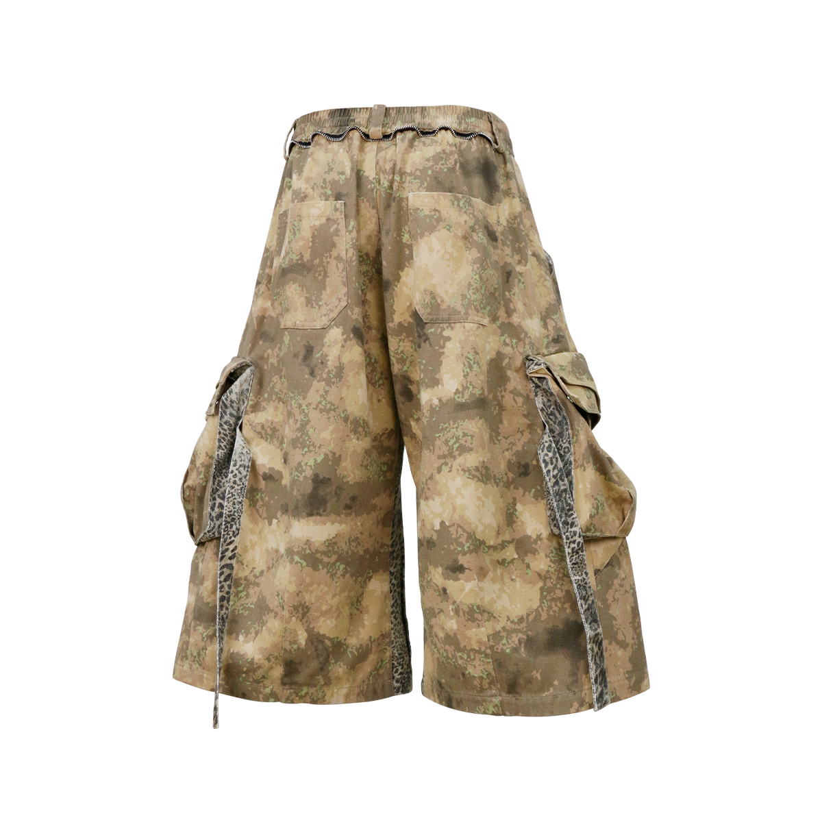 RELABEL Detachable Scarf Camo Leopard Panel Oversized Shorts, premium urban and streetwear designers apparel on PROJECTISR.com, RELABEL