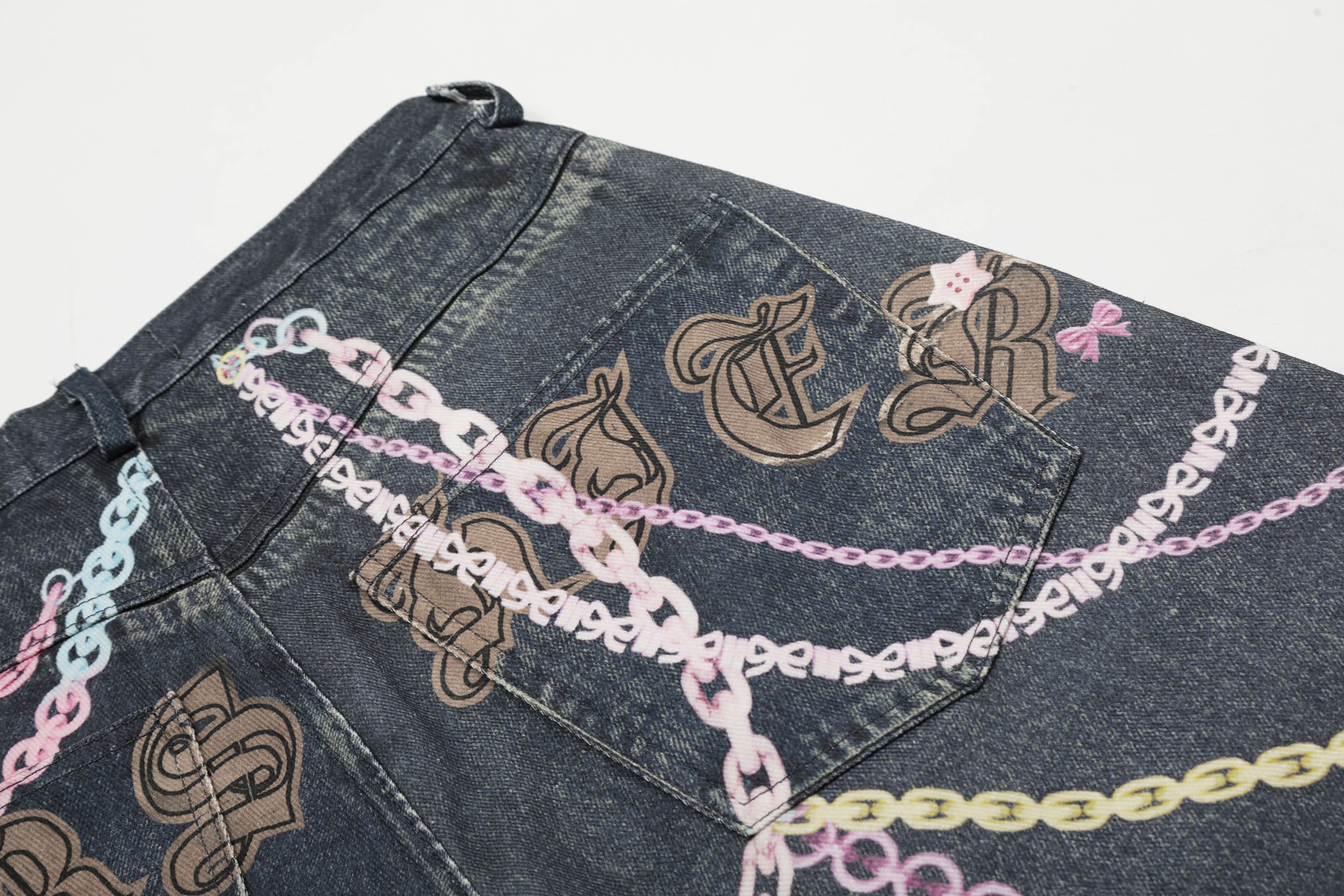 CLP Beaded Chain Graphics Wide-Leg Denim Shorts, premium urban and streetwear designers apparel on PROJECTISR.com, CLP
