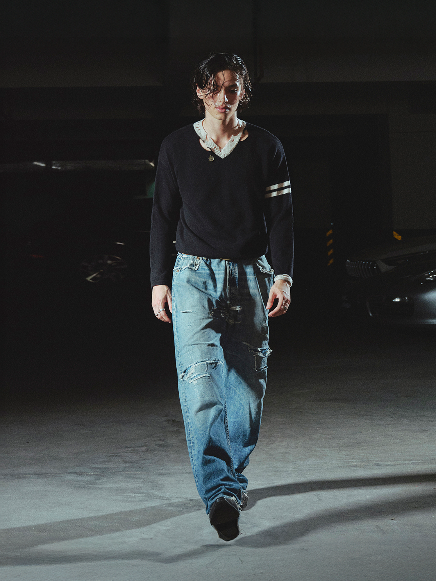 RICHILL Distressed V-Neck Coin-Button Wool Sweater