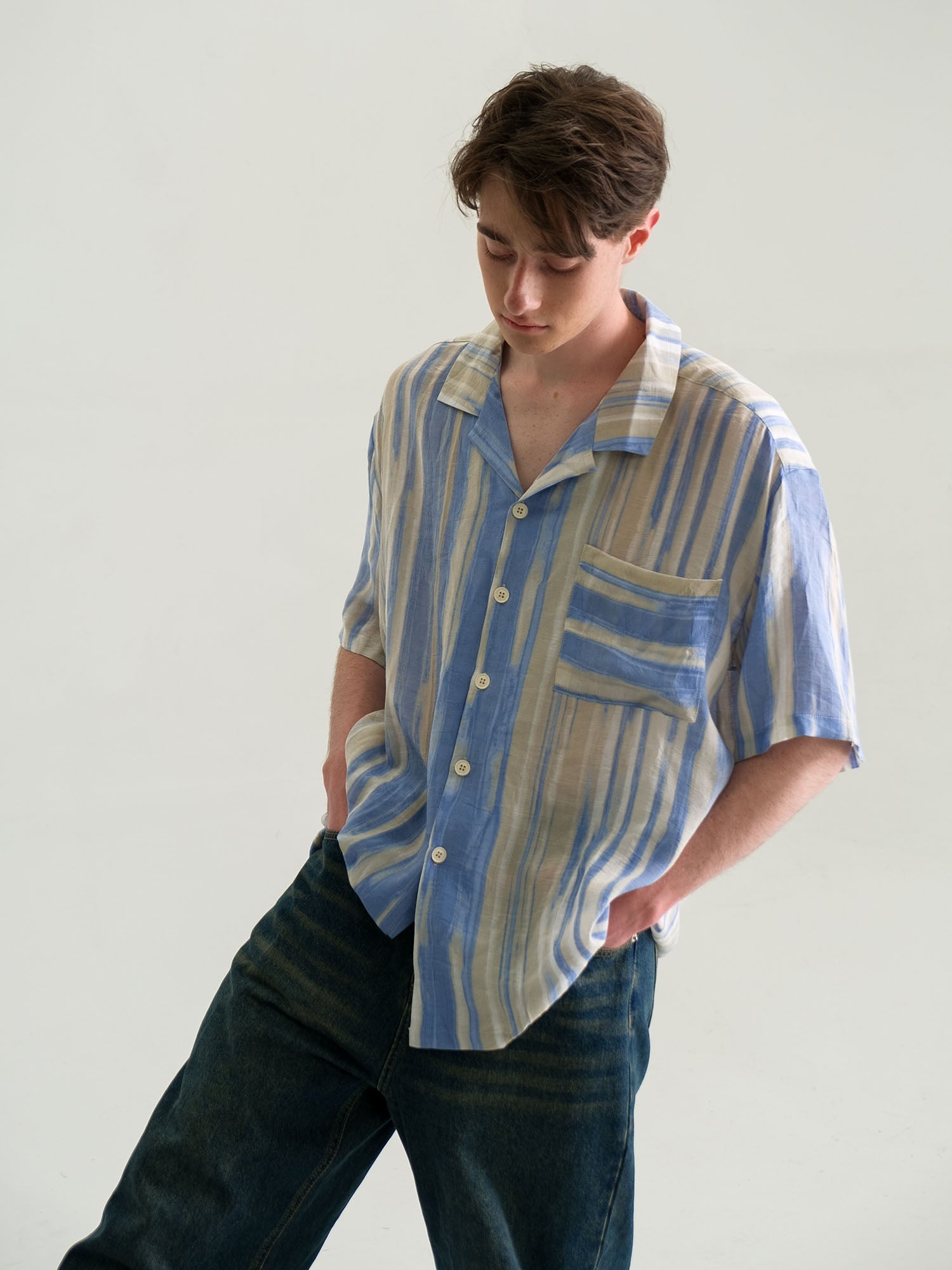 WIID Contrast Stripe Tencel Cuban Half Shirt, premium urban and streetwear designers apparel on PROJECTISR.com, WIID