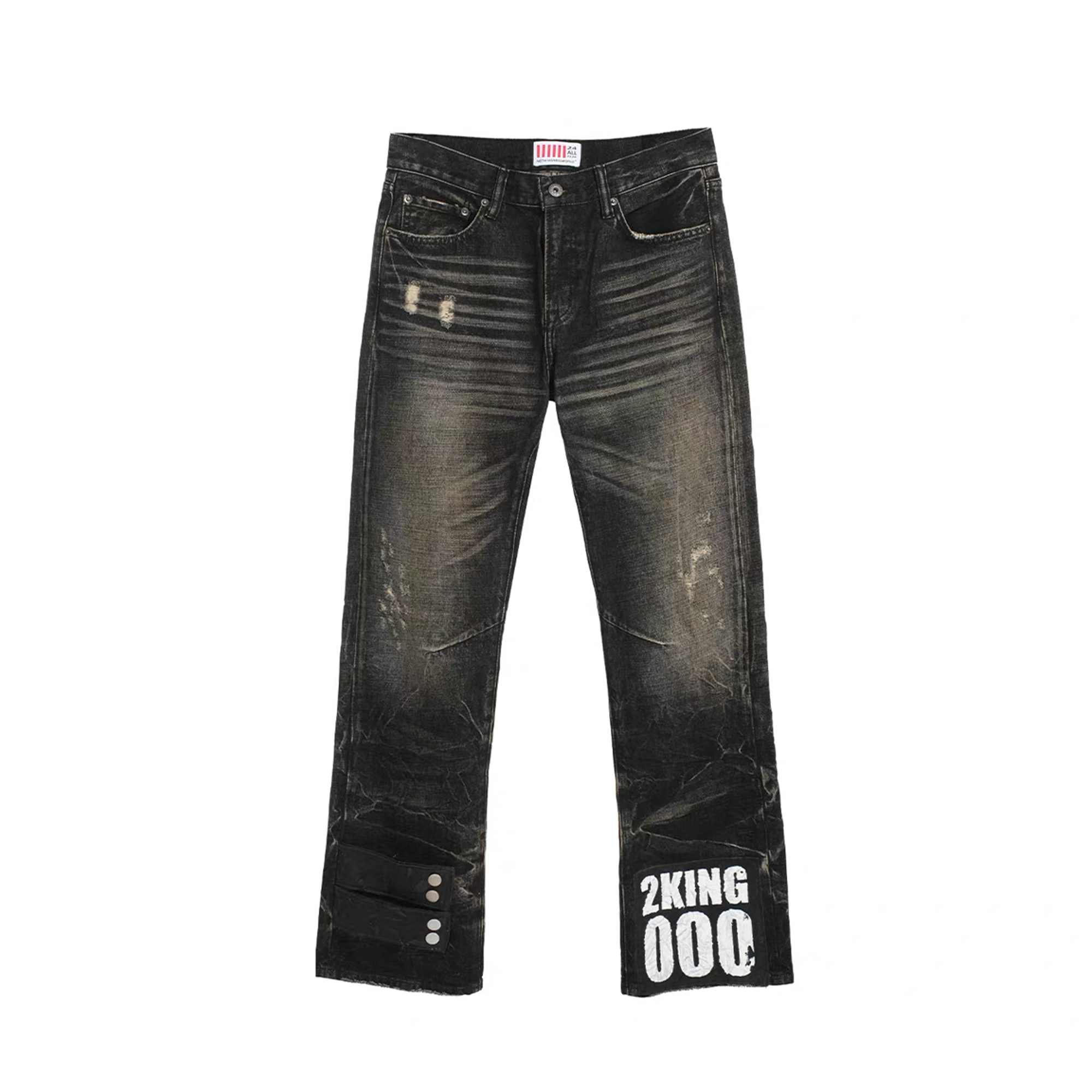 NOTHINGNESS WORLD Distressed Ripple-Wash Graphic Denim Pants, premium urban and streetwear designers apparel on PROJECTISR.com, NOTHINGNESS WORLD