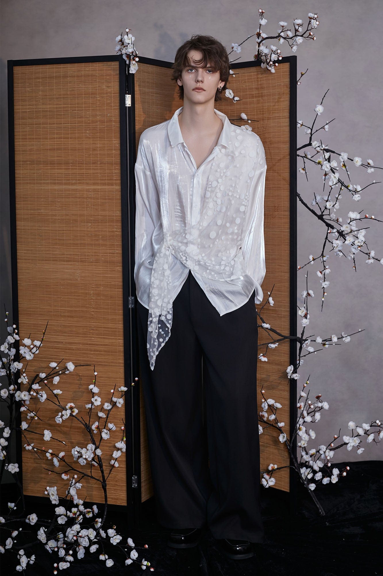 JIECHI Dots Tulle Drape Iridescent Shirt, premium urban and streetwear designers apparel on PROJECTISR.com, JIECHI
