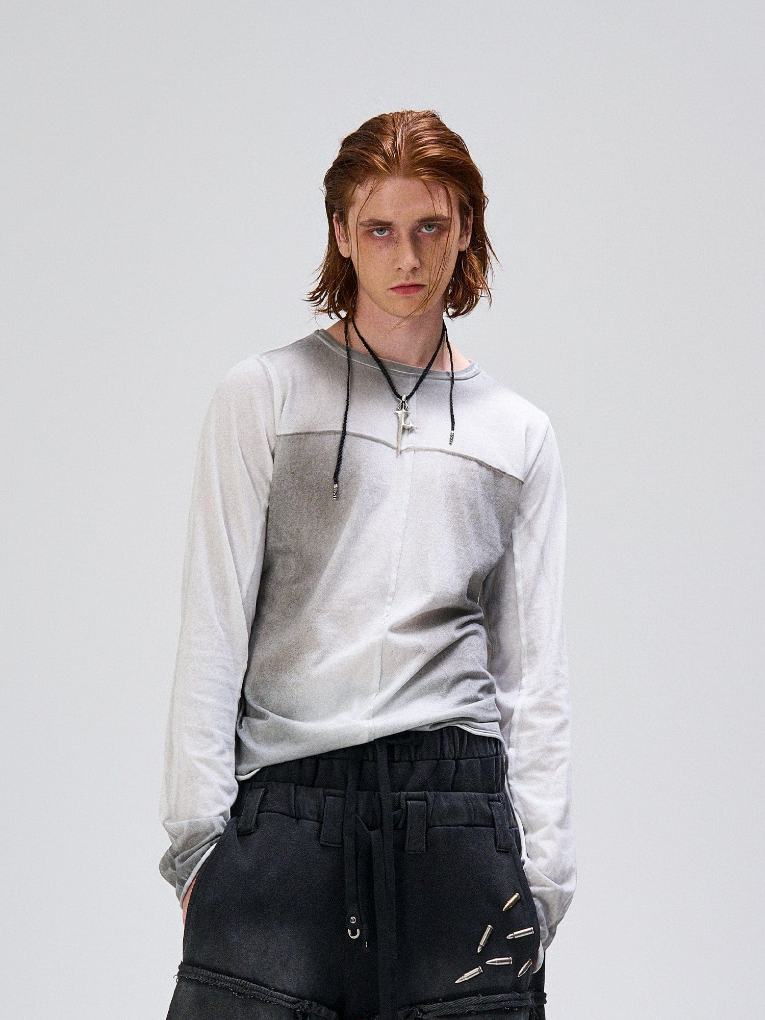 FLYERRER Washed Gradient Cross-Panel Raw-Edge Long-Sleeve Tee, premium urban and streetwear designers apparel on PROJECTISR.com, FLYERRER