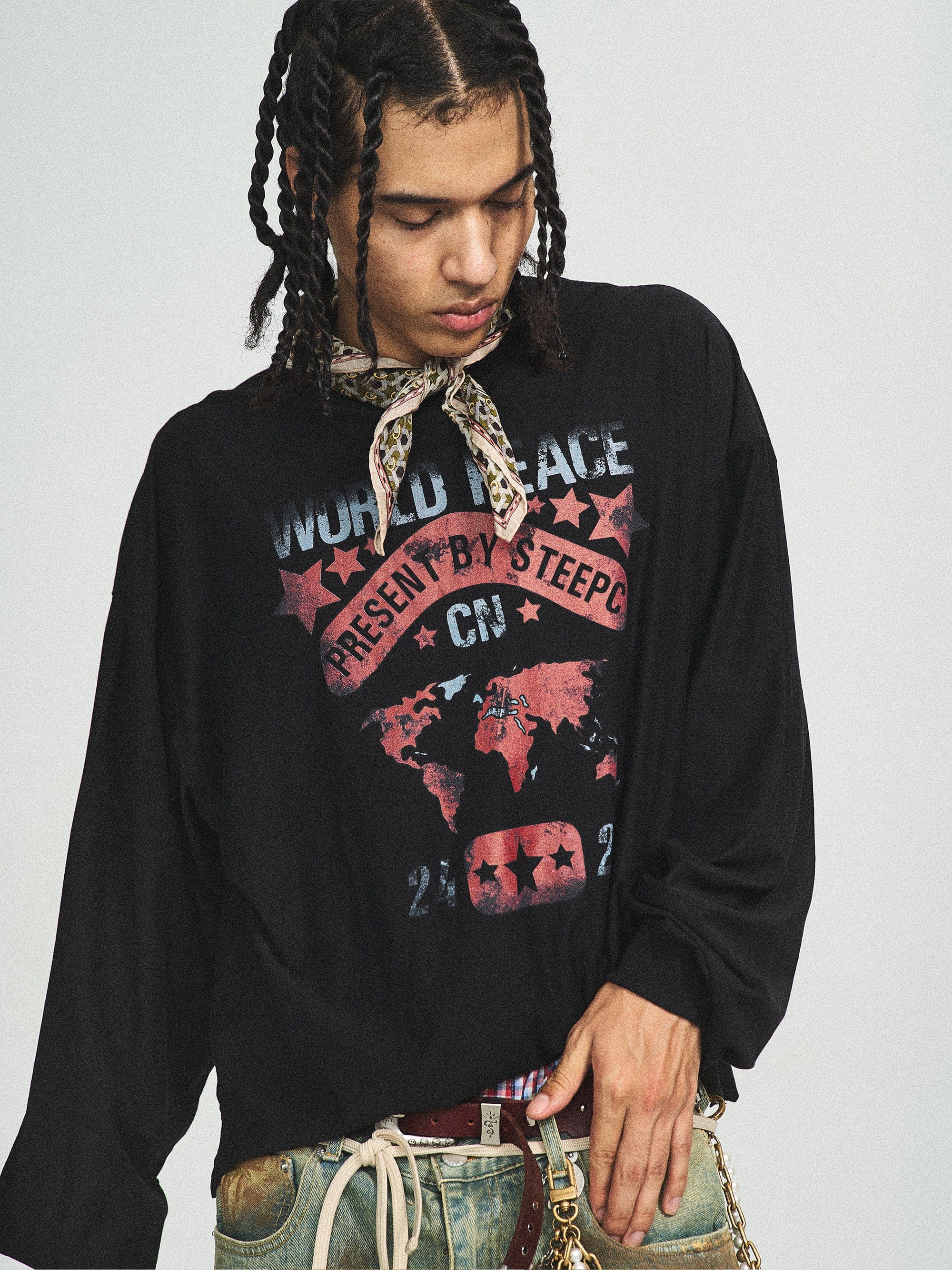 STEEPC Retro World Peace Frayed Long-Sleeve Tee, premium urban and streetwear designers apparel on PROJECTISR.com, STEEPC
