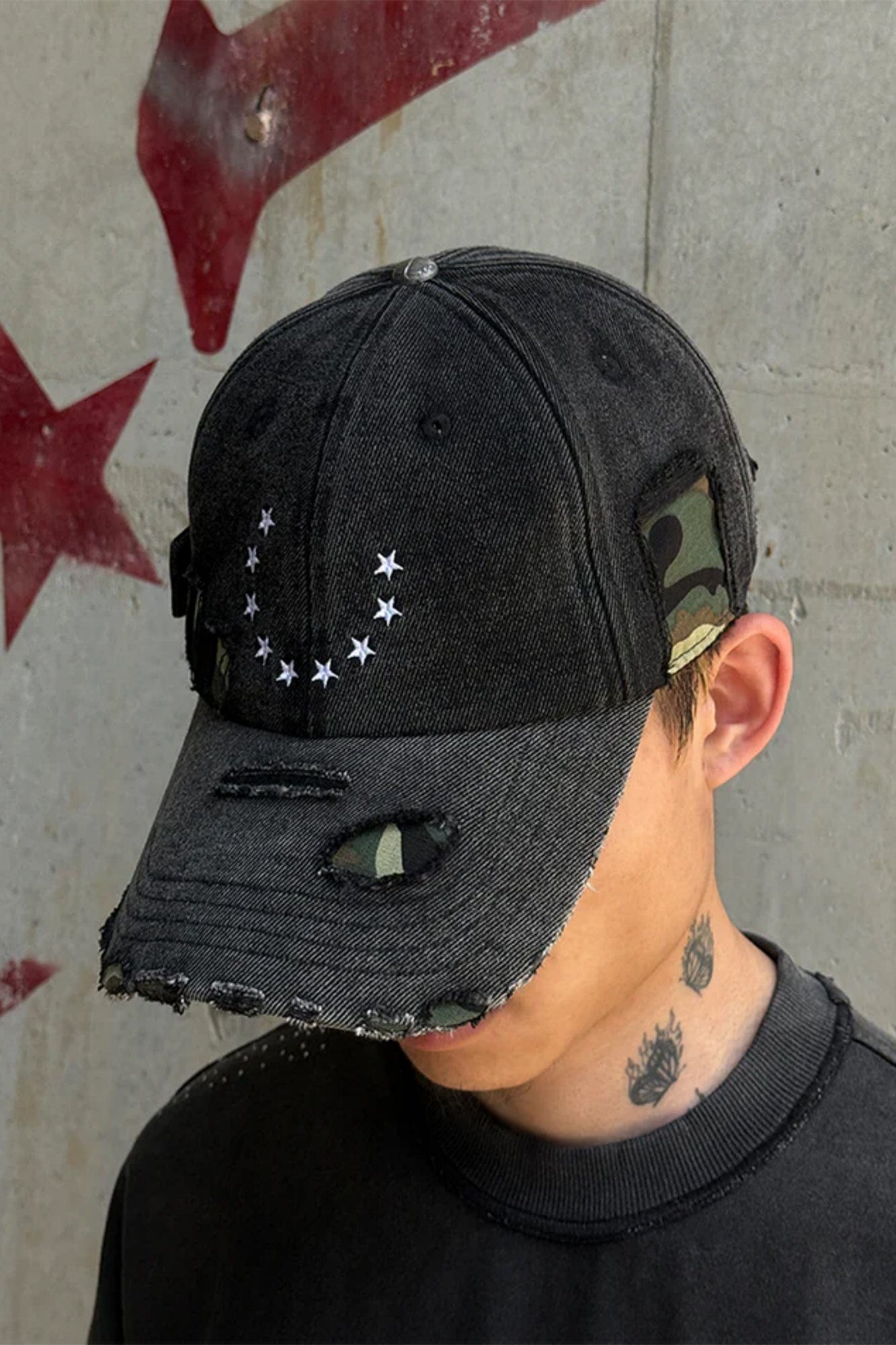 TECNINEGROUP Camo Distressed Panel Star Embroidered Cap, premium urban and streetwear designers apparel on PROJECTISR.com, TECNINEGROUP