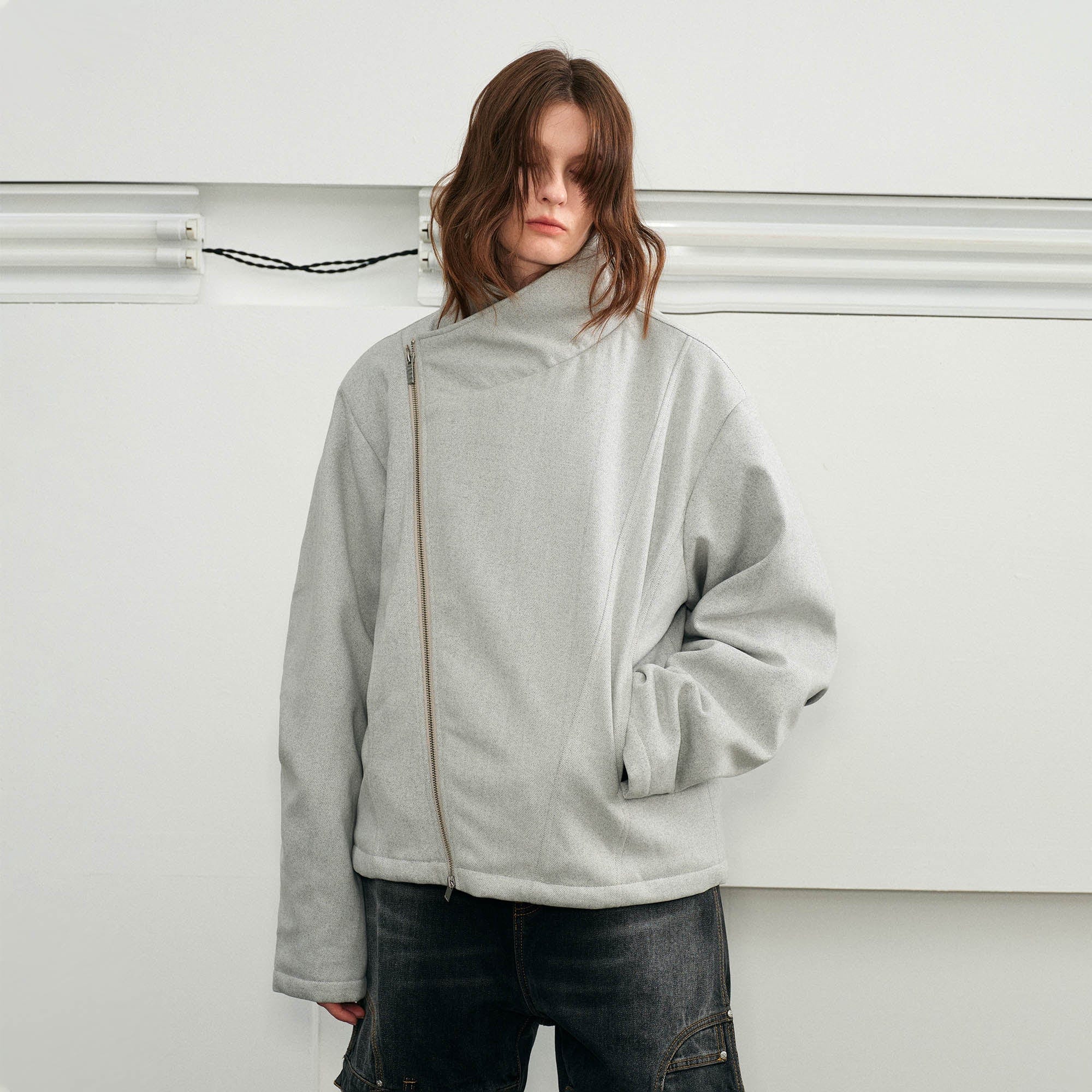 KREATE Detachable Faux Fur Collar Asymmetrical Jacket, premium urban and streetwear designers apparel on PROJECTISR.com, KREATE