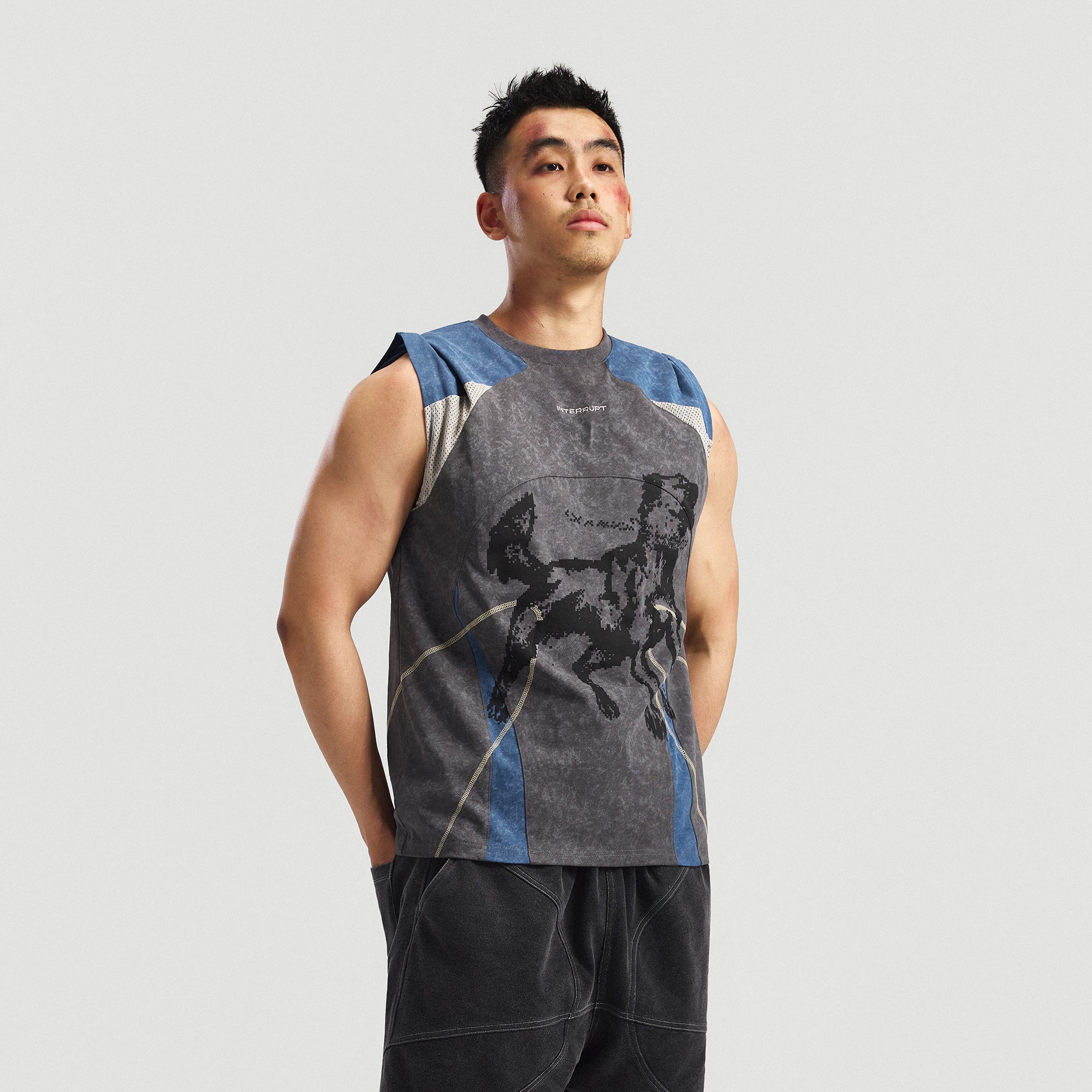INTERRUPT Studded Mesh-Spliced Graphic Tank Top