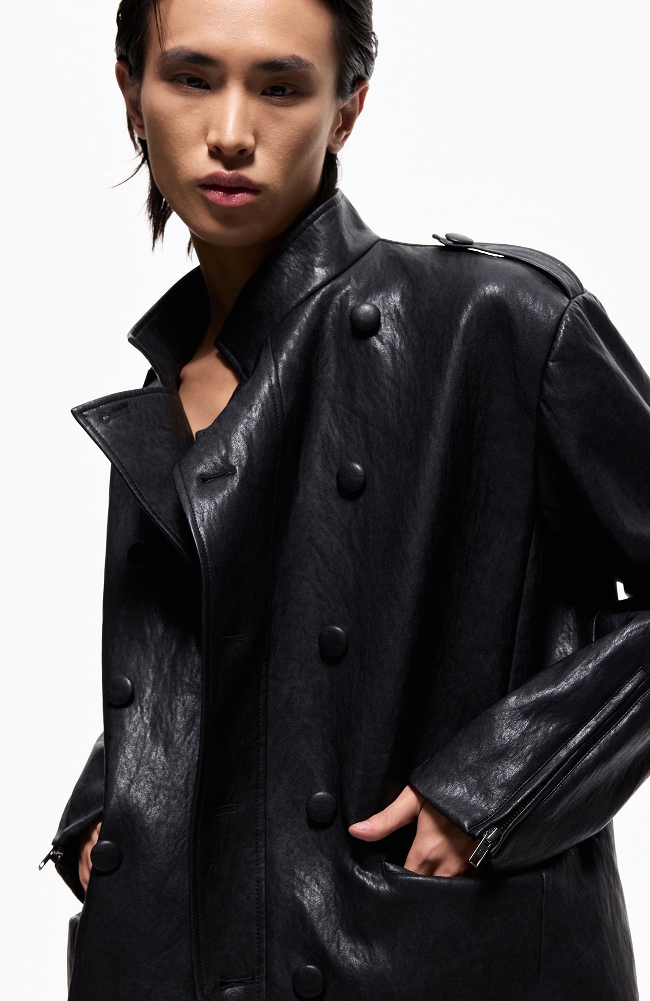 2000RSK Napoleon-Button Faux Leather Knight Jacket