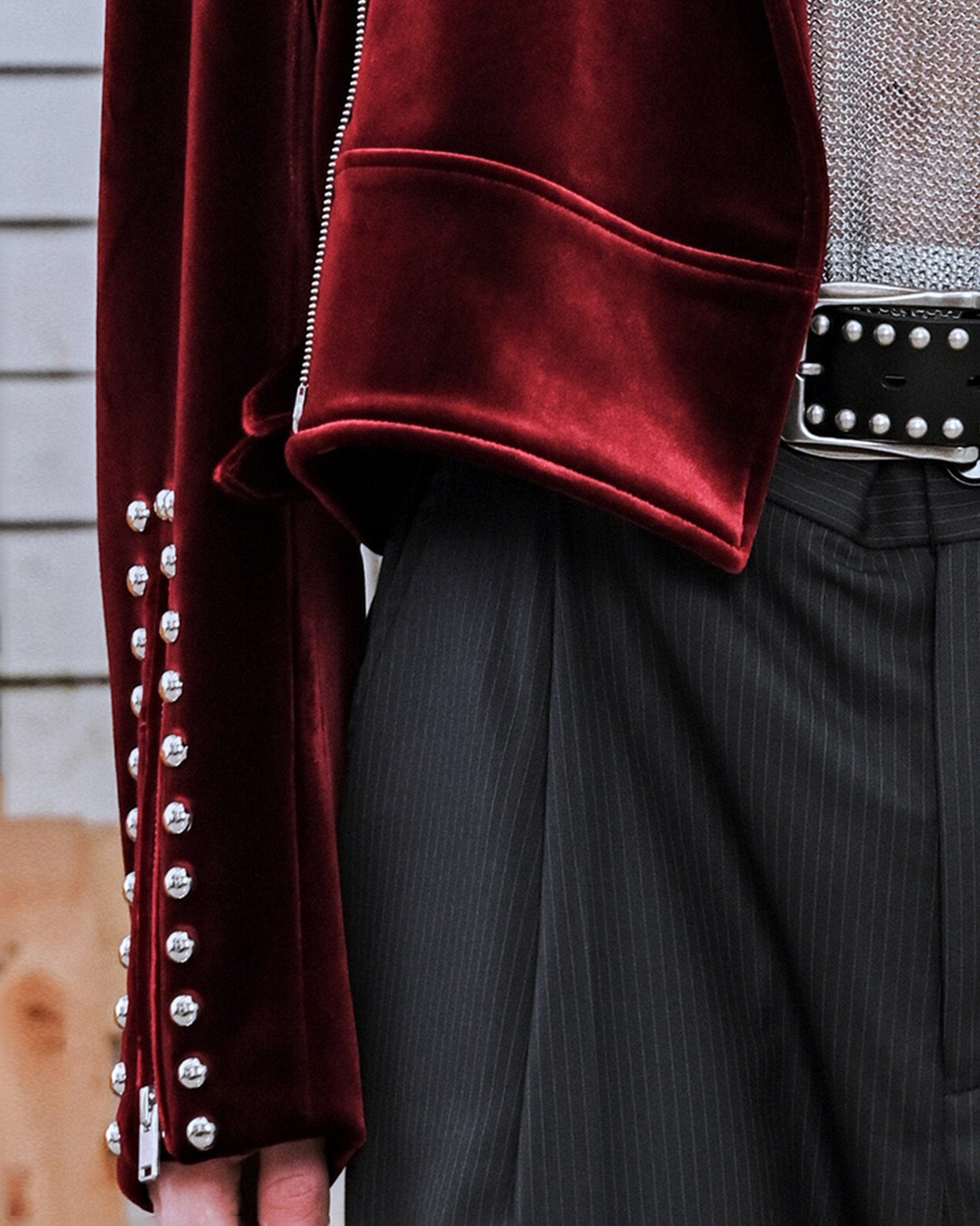 FACEONLAB Red Velvet Rivet Biker Jacket, premium urban and streetwear designers apparel on PROJECTISR.com, FACEONLAB