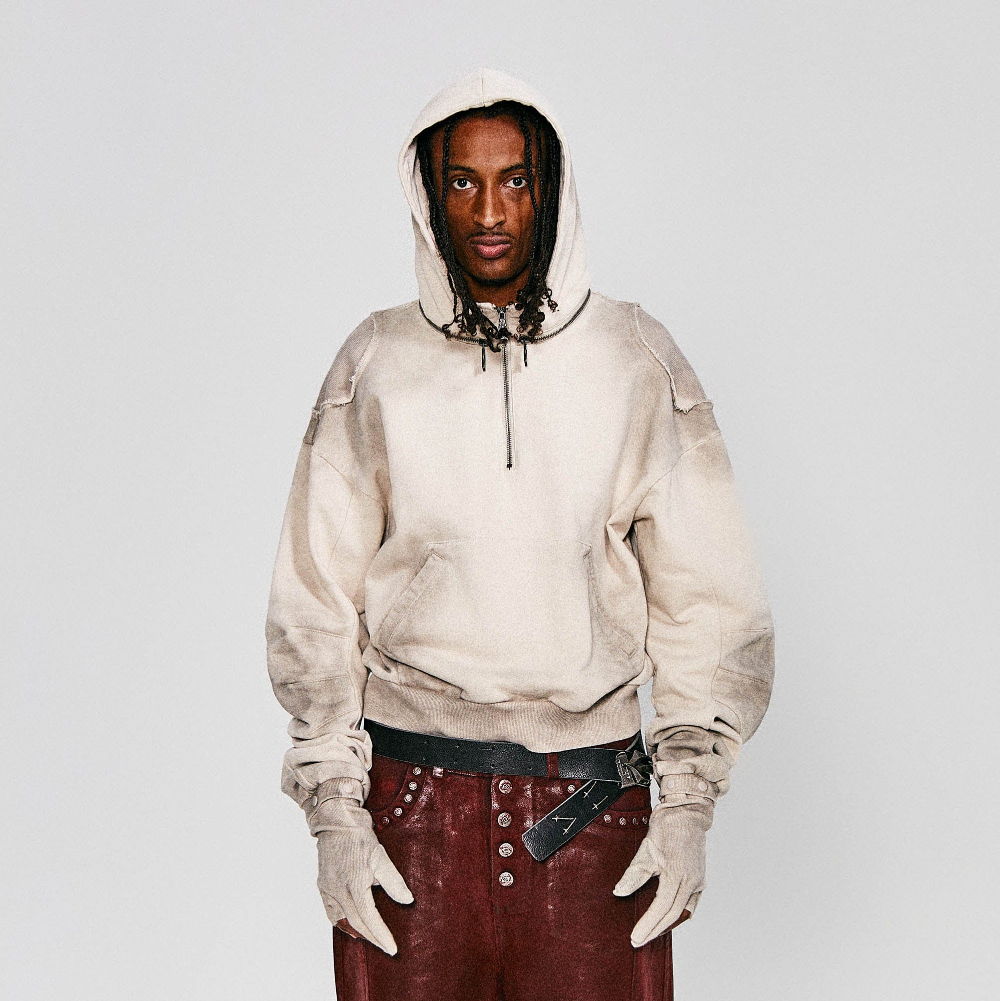 FLYERRER Distressed Detachable-Hood Glove-Sleeve Hoodie, premium urban and streetwear designers apparel on PROJECTISR.com, FLYERRER