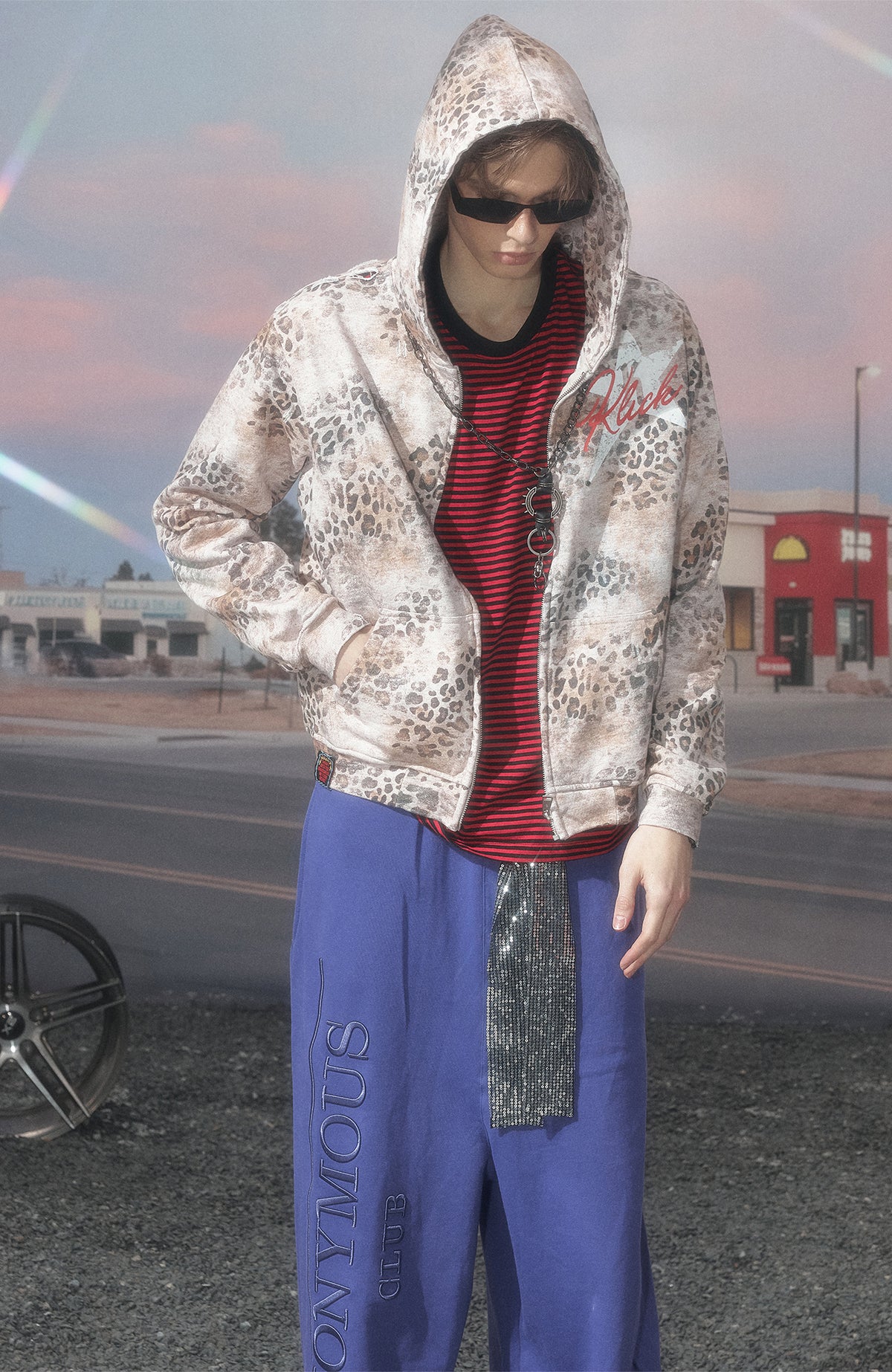 KLICK CLAK Washed Studded Leopard Print Zip-Up Hoodie