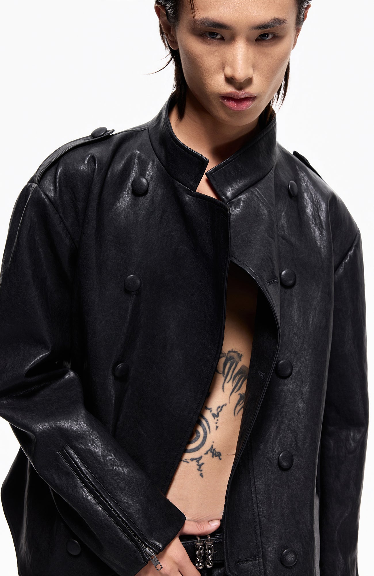 2000RSK Napoleon-Button Faux Leather Knight Jacket