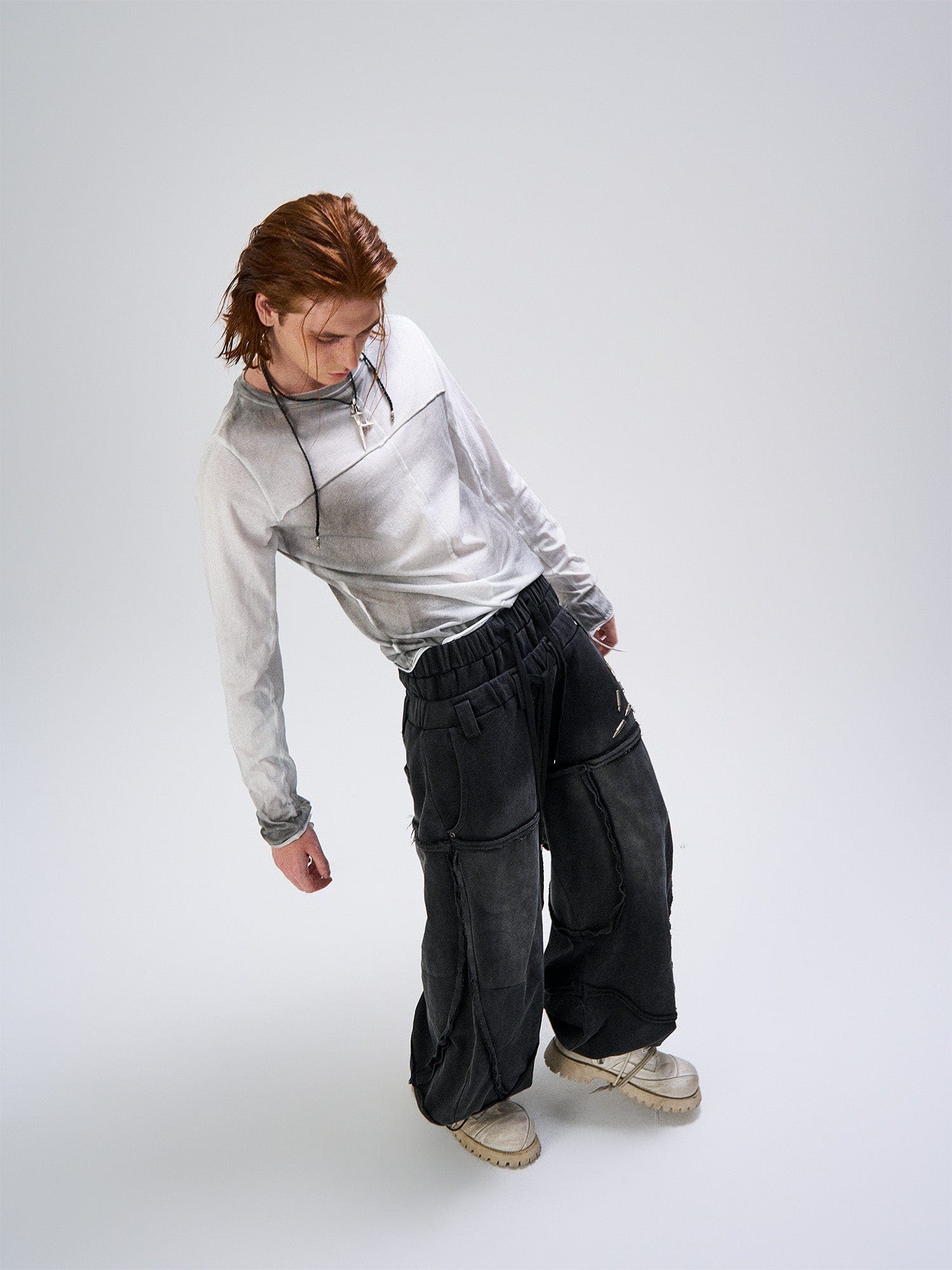 FLYERRER Washed Gradient Cross-Panel Raw-Edge Long-Sleeve Tee, premium urban and streetwear designers apparel on PROJECTISR.com, FLYERRER