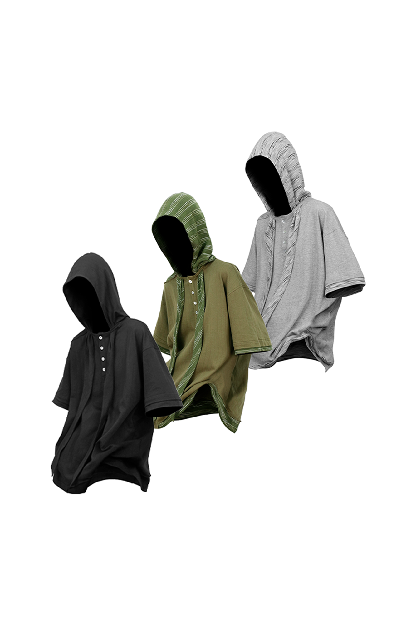 RELABEL Detachable Hood Distressed Henley Tee, premium urban and streetwear designers apparel on PROJECTISR.com, RELABEL