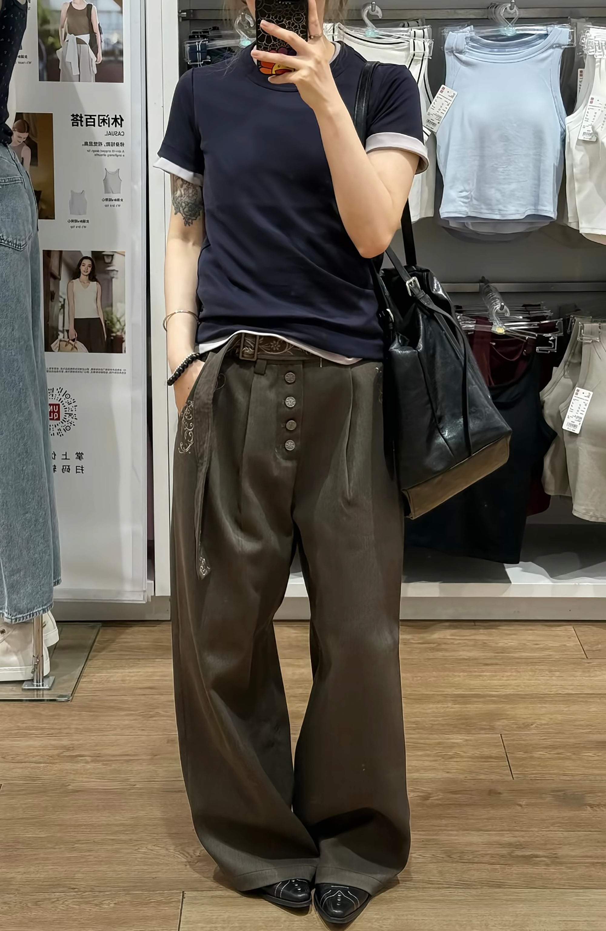 ELETEIZE Vine Embroidered Wide-Leg Trousers