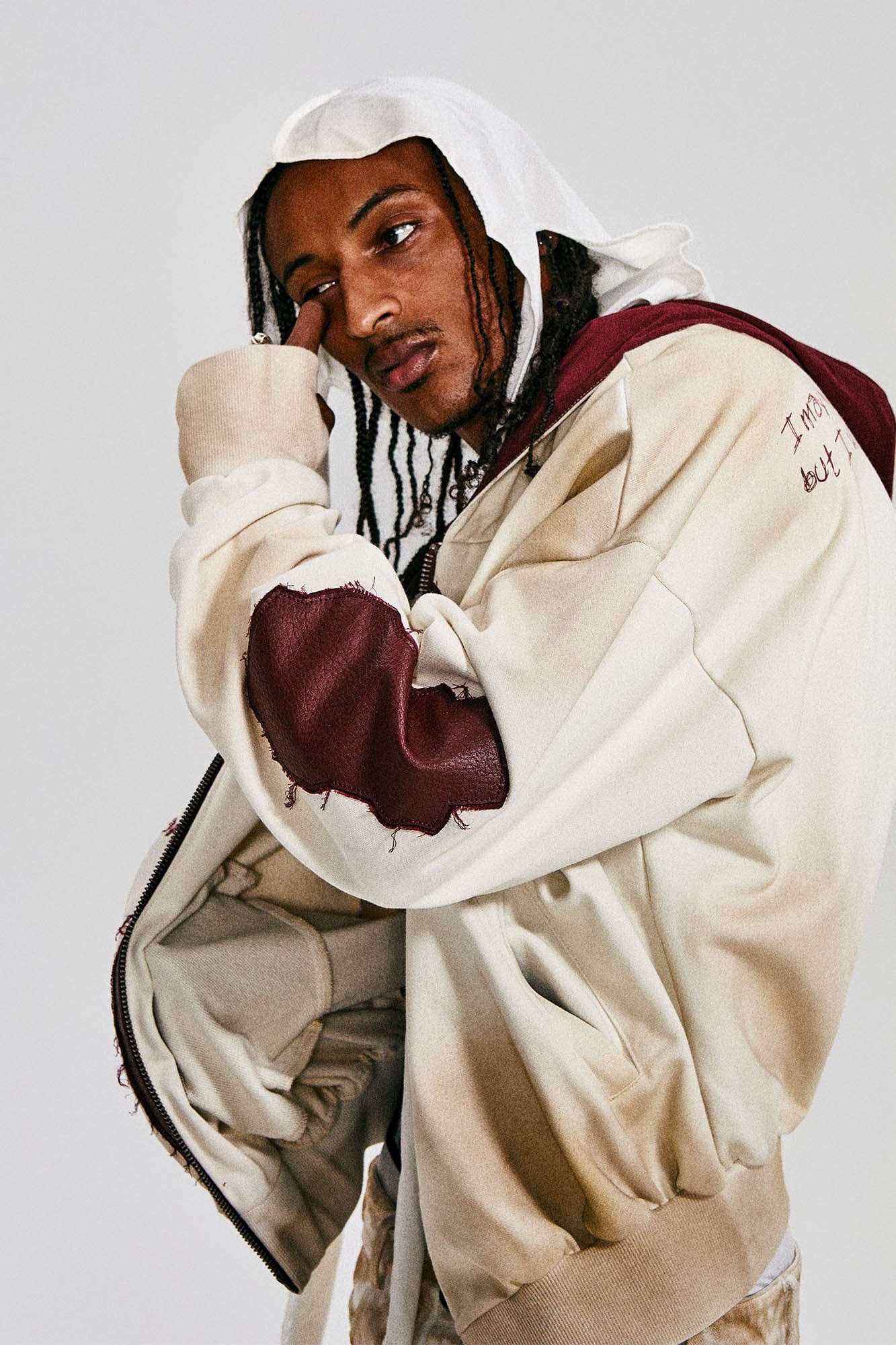 FLYERRER Distressed Cross Patch Studded Hooded Jacket, premium urban and streetwear designers apparel on PROJECTISR.com, FLYERRER