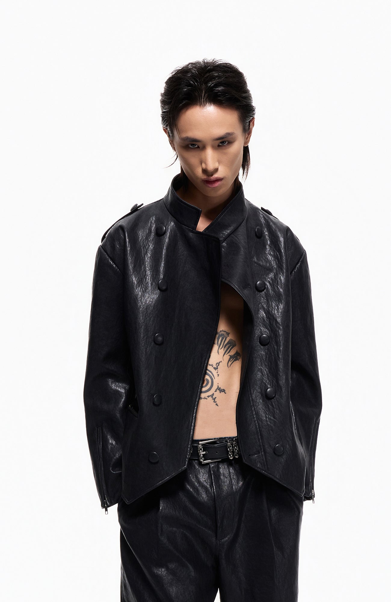 2000RSK Napoleon-Button Faux Leather Knight Jacket