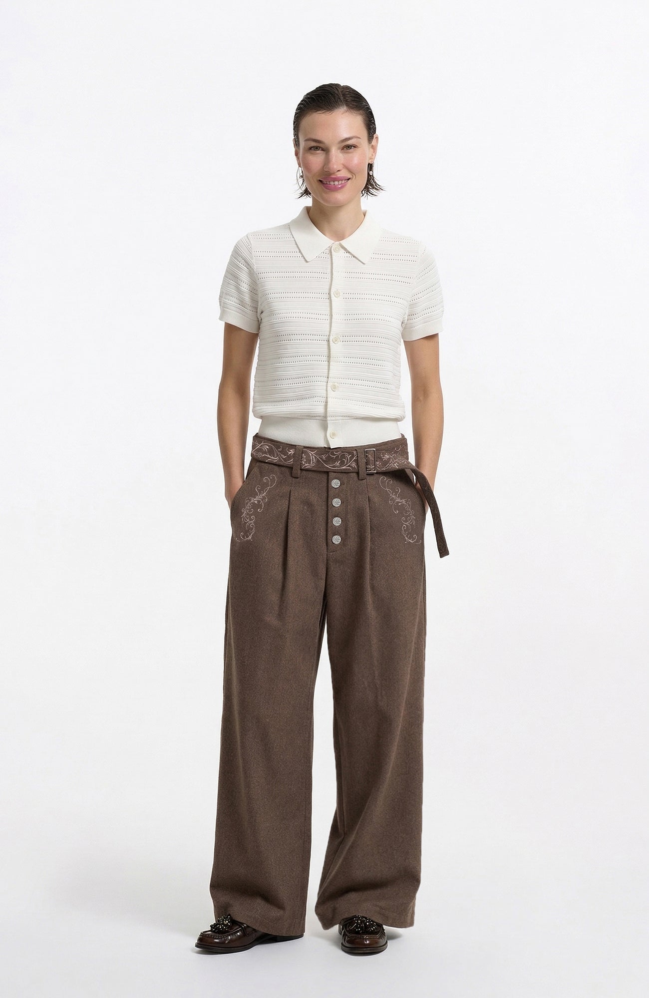 ELETEIZE Vine Embroidered Wide-Leg Trousers