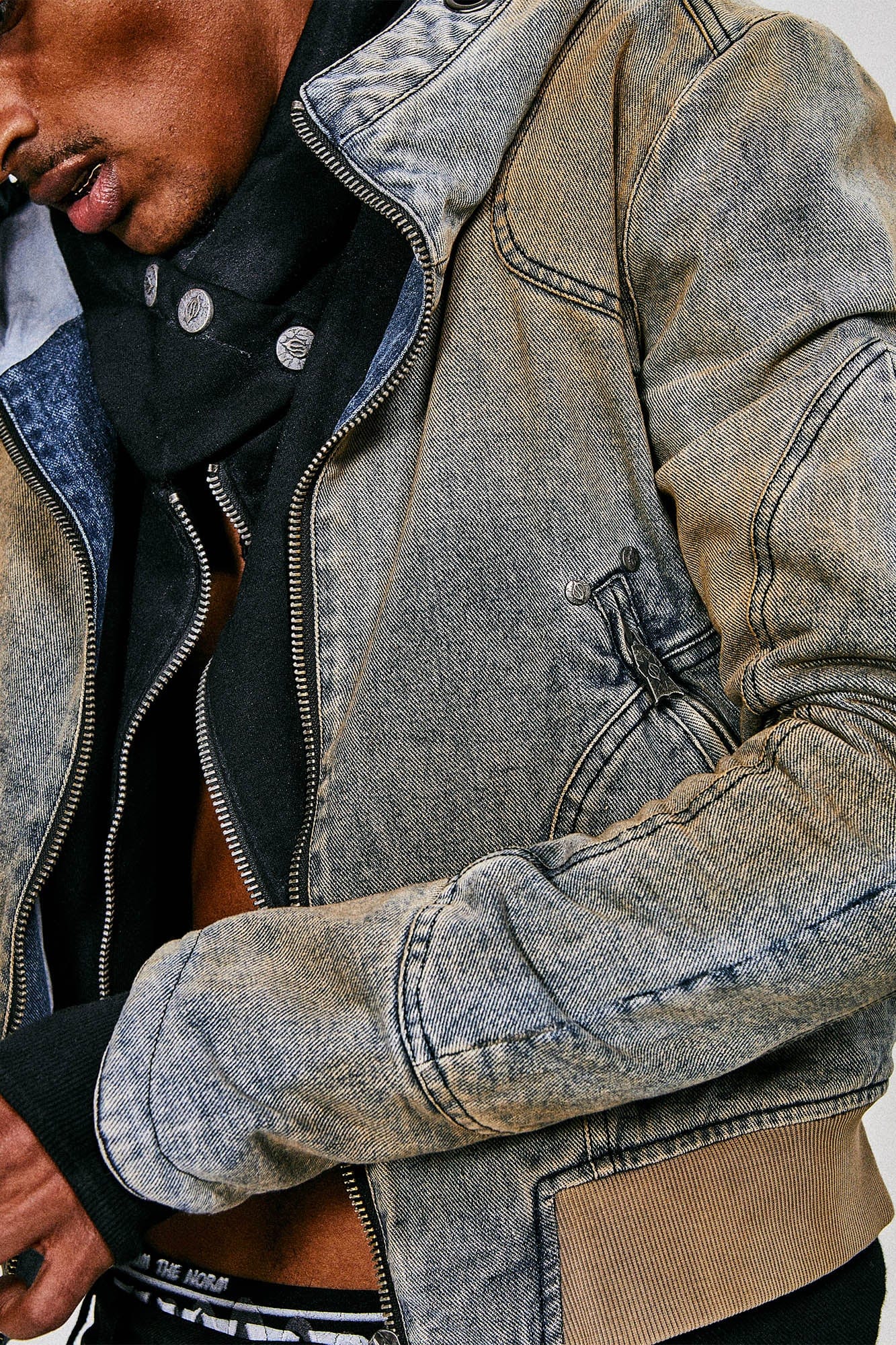 FLYERRER Distressed Spliced Studded Hooded Short Denim Jacket, premium urban and streetwear designers apparel on PROJECTISR.com, FLYERRER