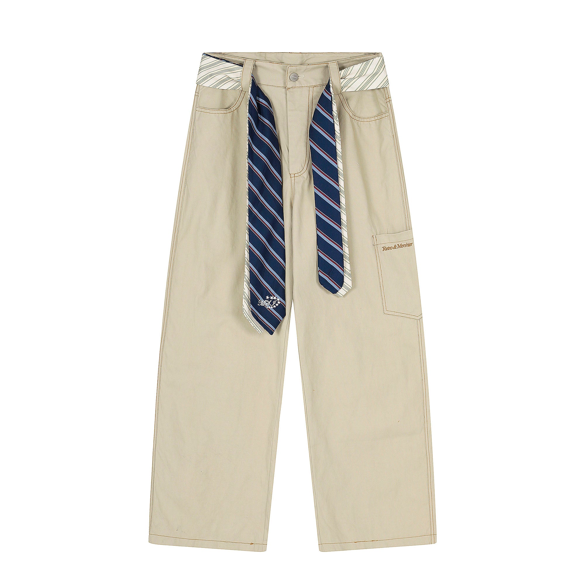 CLP Tie-Belt Multi-Pockets Stitched Pants