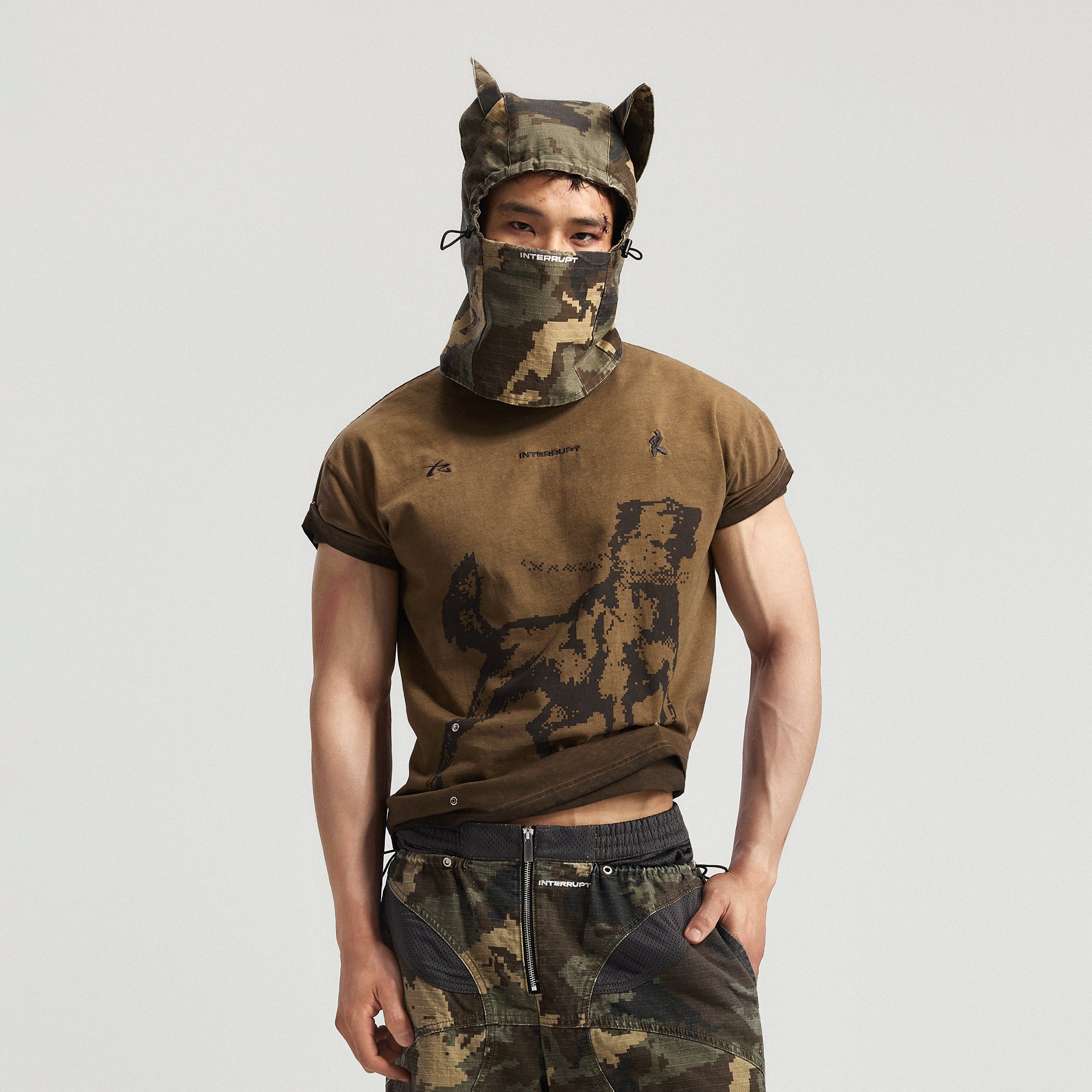 INTERRUPT Studded Roll-Sleeve Graphic T-Shirt