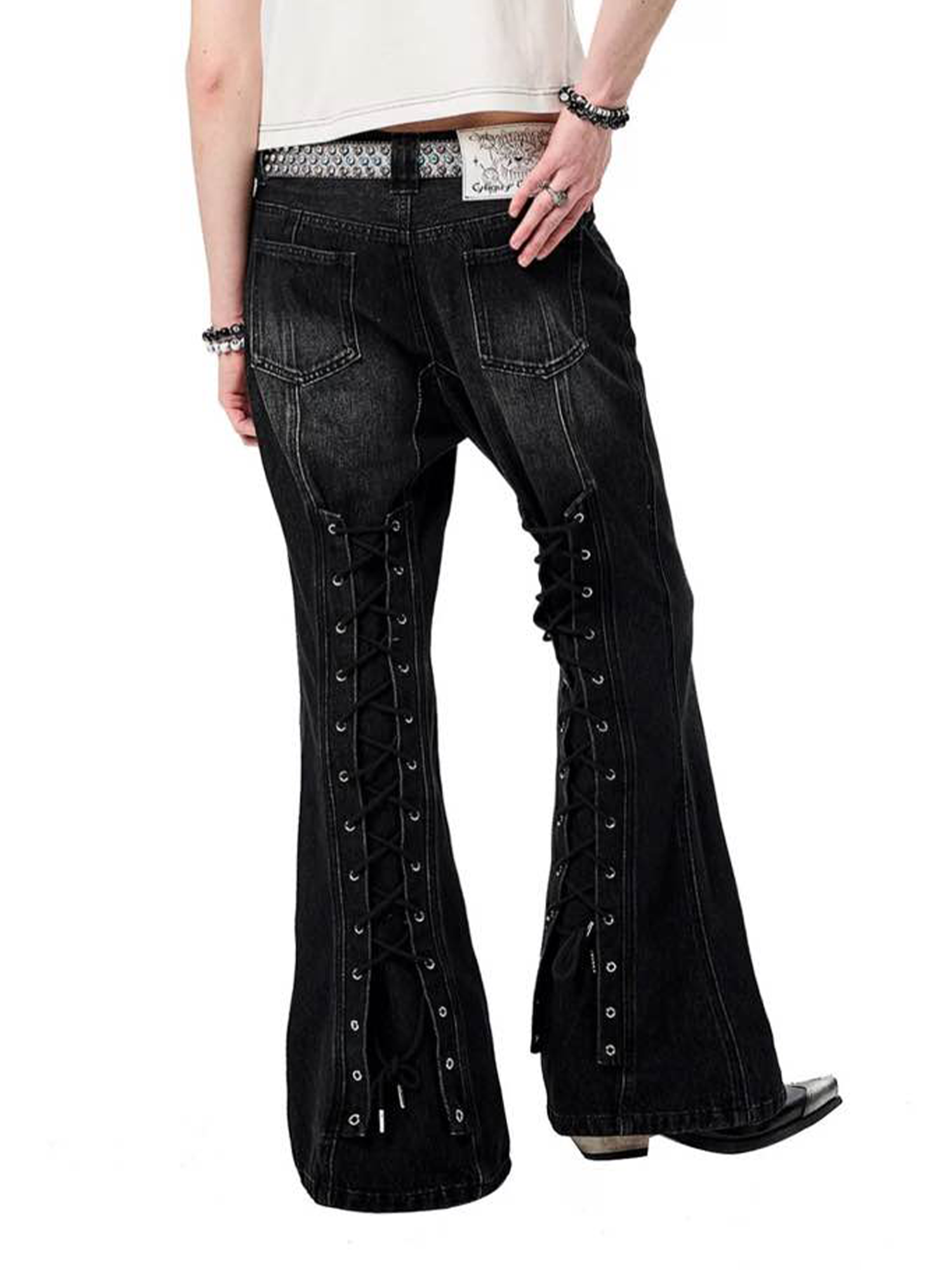 ERISSTOFF Washed Lace-Up Flared Jeans