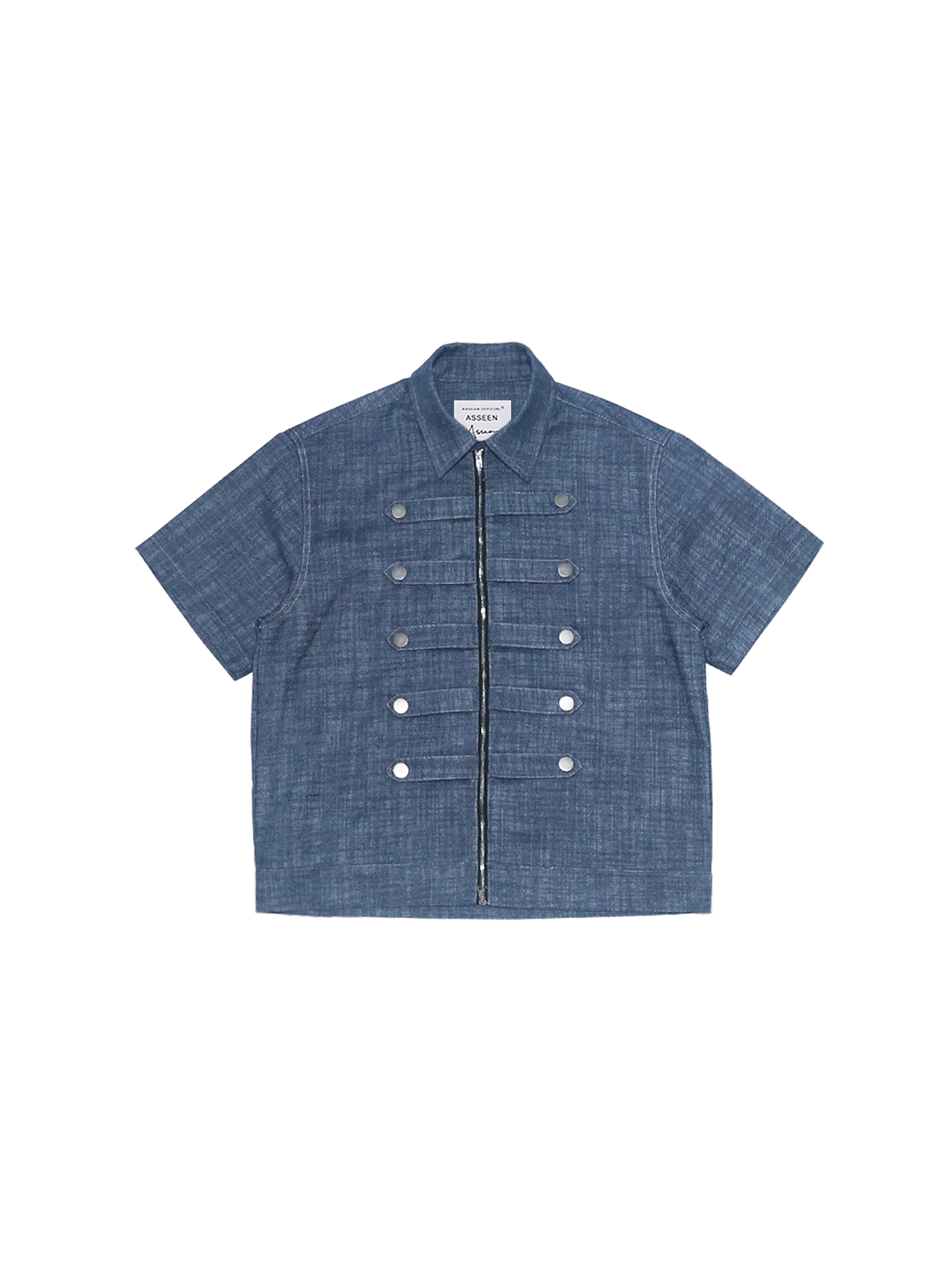 ASSEEN Linen-Blend Coin Button Denim Half Shirt