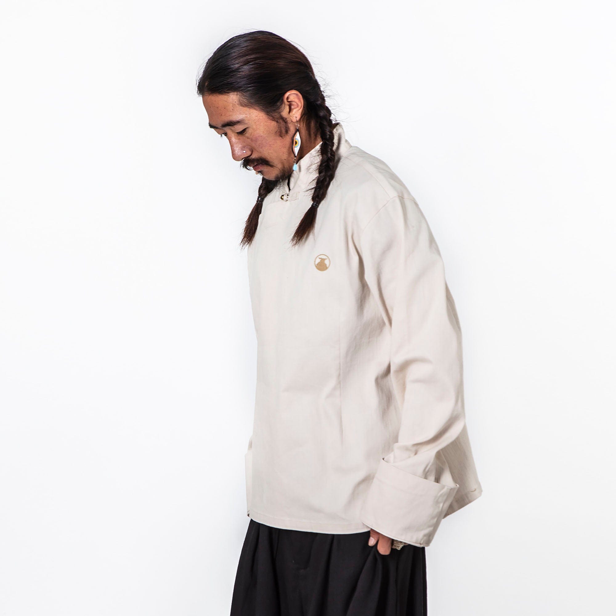 NERHI Asymmetrical Frog Button Mandarin Collar Shirt, premium urban and streetwear designers apparel on PROJECTISR.com, NERHI