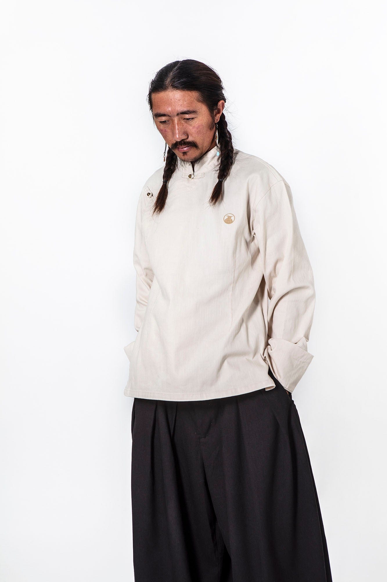NERHI Asymmetrical Frog Button Mandarin Collar Shirt, premium urban and streetwear designers apparel on PROJECTISR.com, NERHI