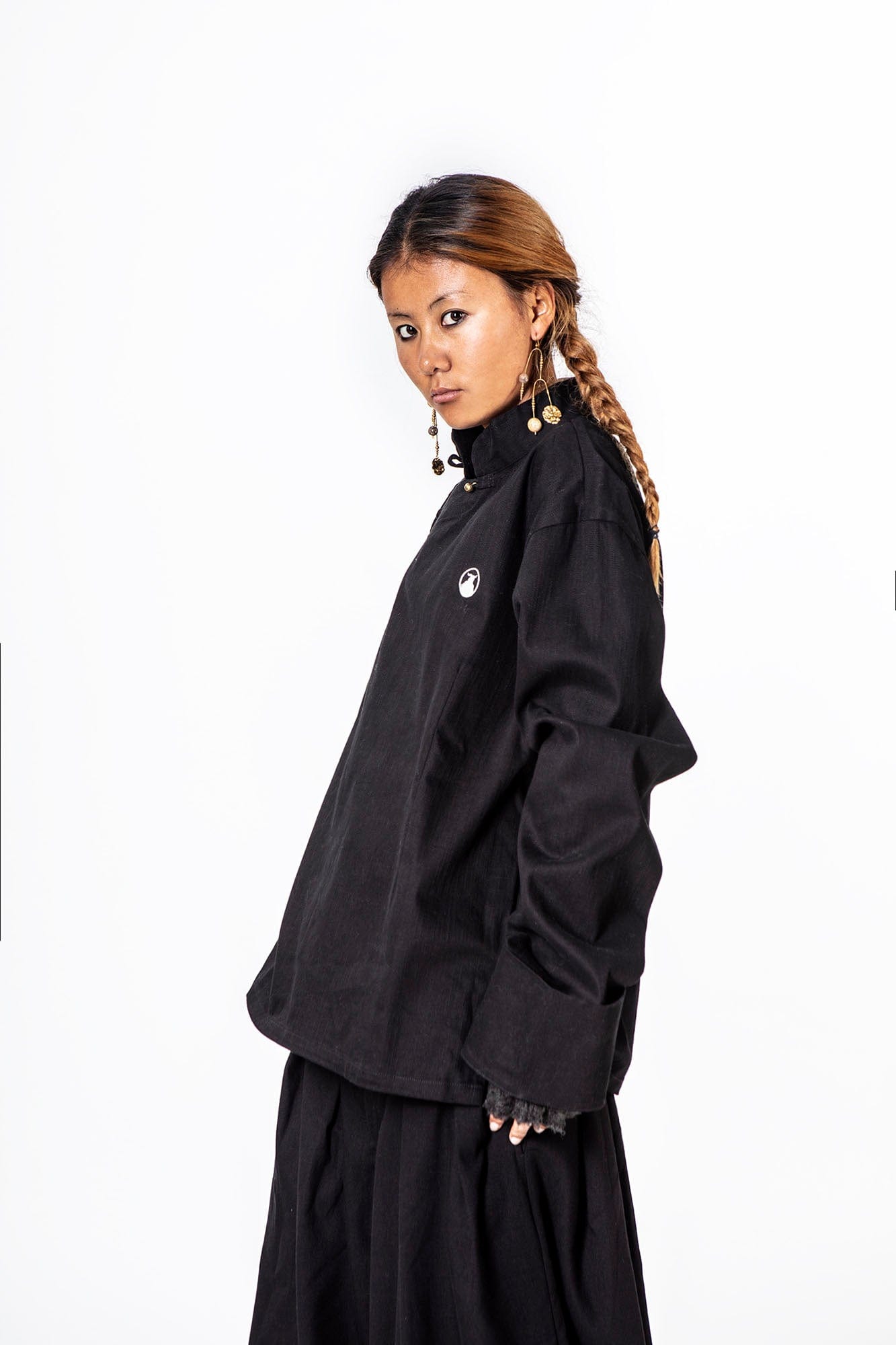 NERHI Asymmetrical Frog Button Mandarin Collar Shirt, premium urban and streetwear designers apparel on PROJECTISR.com, NERHI