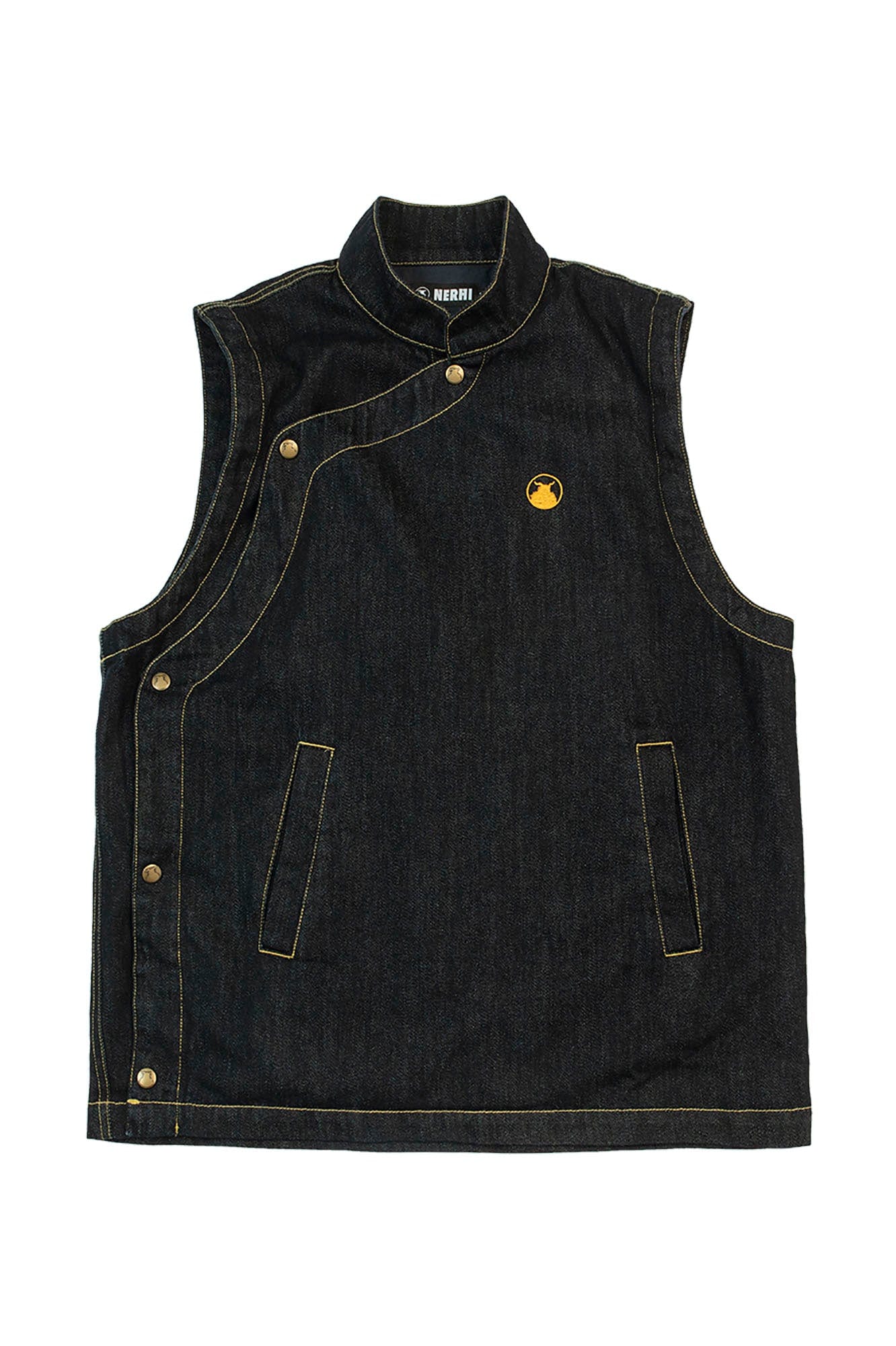 NERHI Asymmetrical Snap Raw Denim Vest, premium urban and streetwear designers apparel on PROJECTISR.com, NERHI