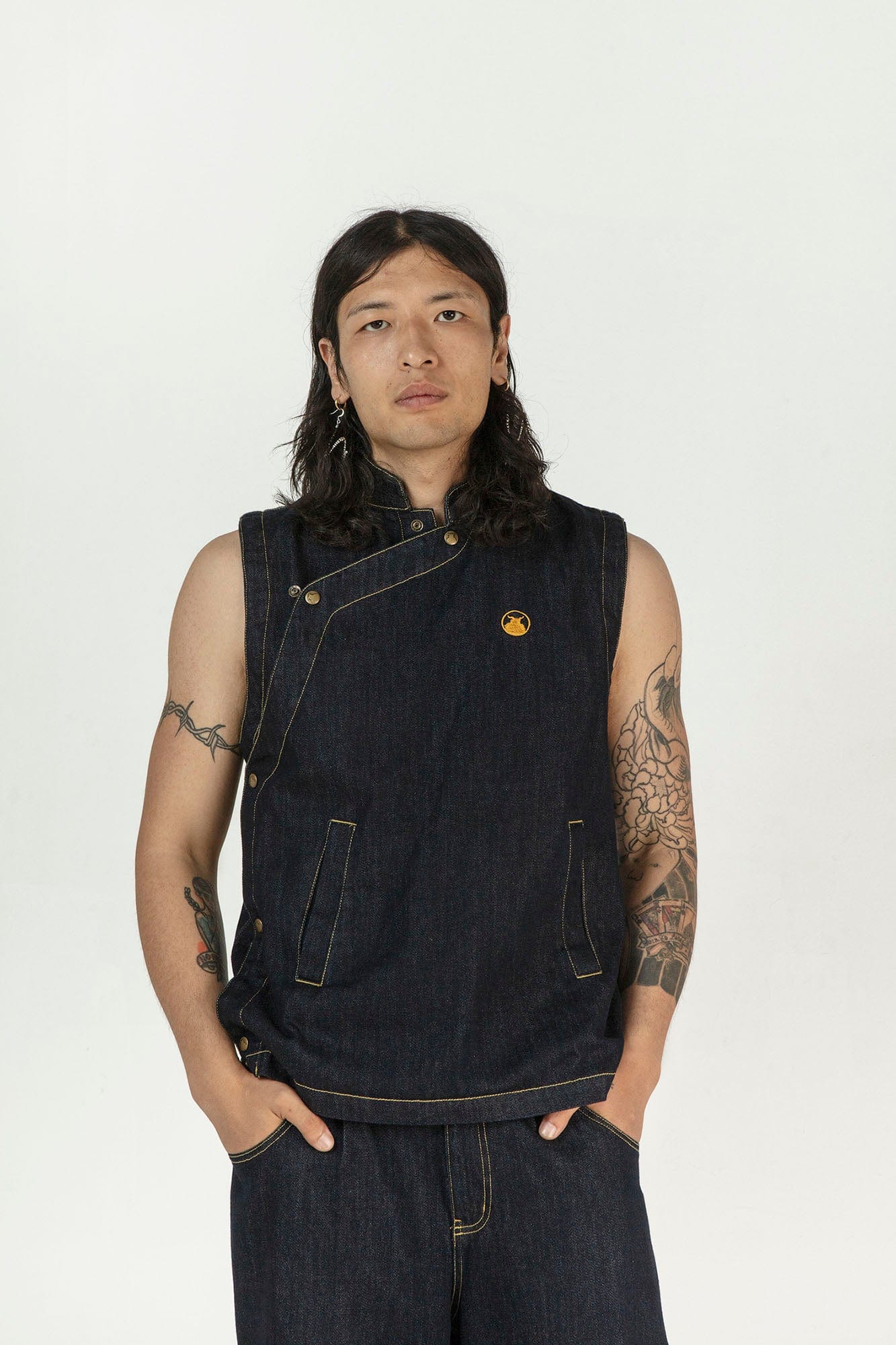 NERHI Asymmetrical Snap Raw Denim Vest, premium urban and streetwear designers apparel on PROJECTISR.com, NERHI