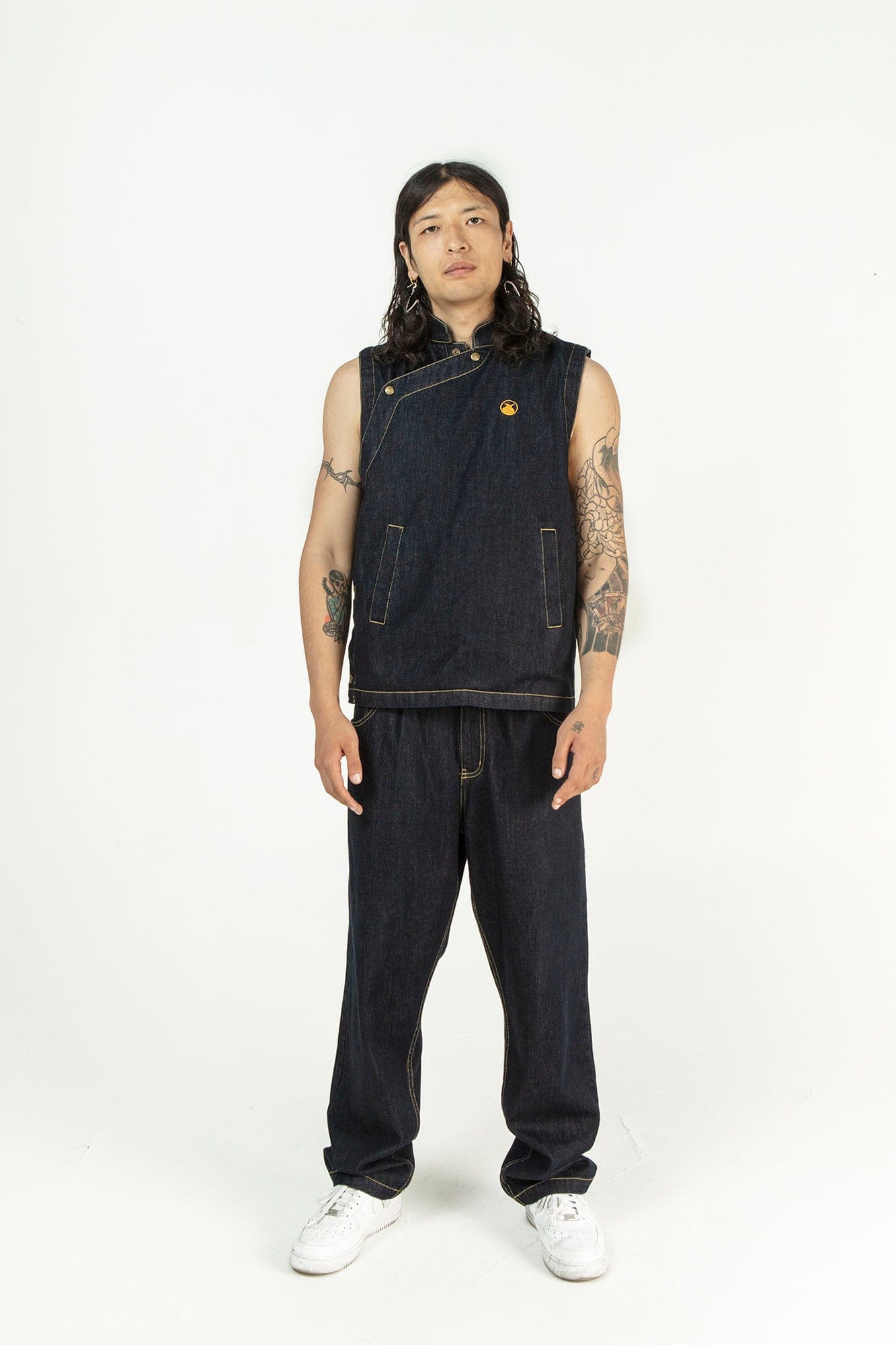 NERHI Asymmetrical Snap Raw Denim Vest, premium urban and streetwear designers apparel on PROJECTISR.com, NERHI