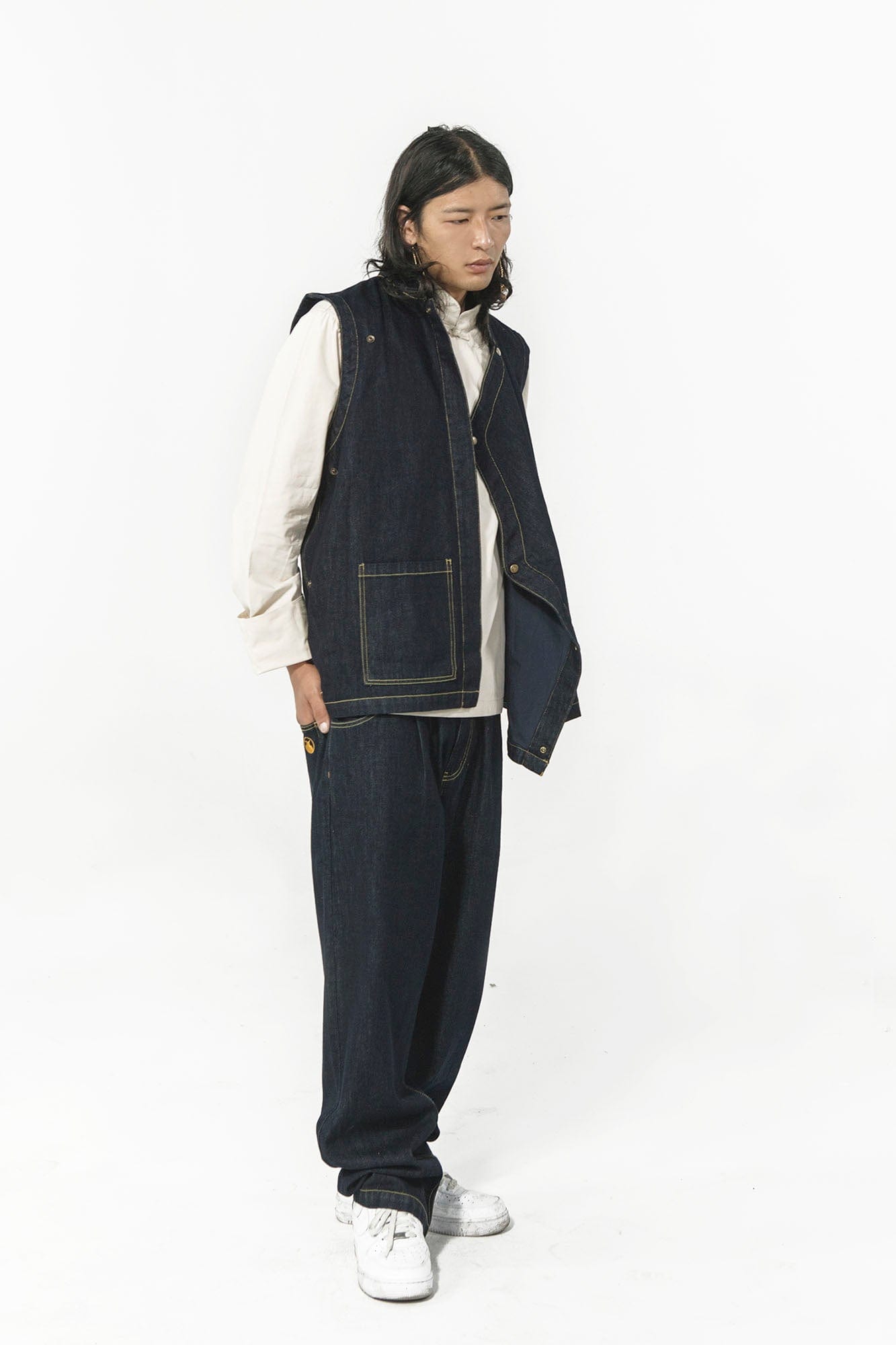 NERHI Asymmetrical Snap Raw Denim Vest, premium urban and streetwear designers apparel on PROJECTISR.com, NERHI