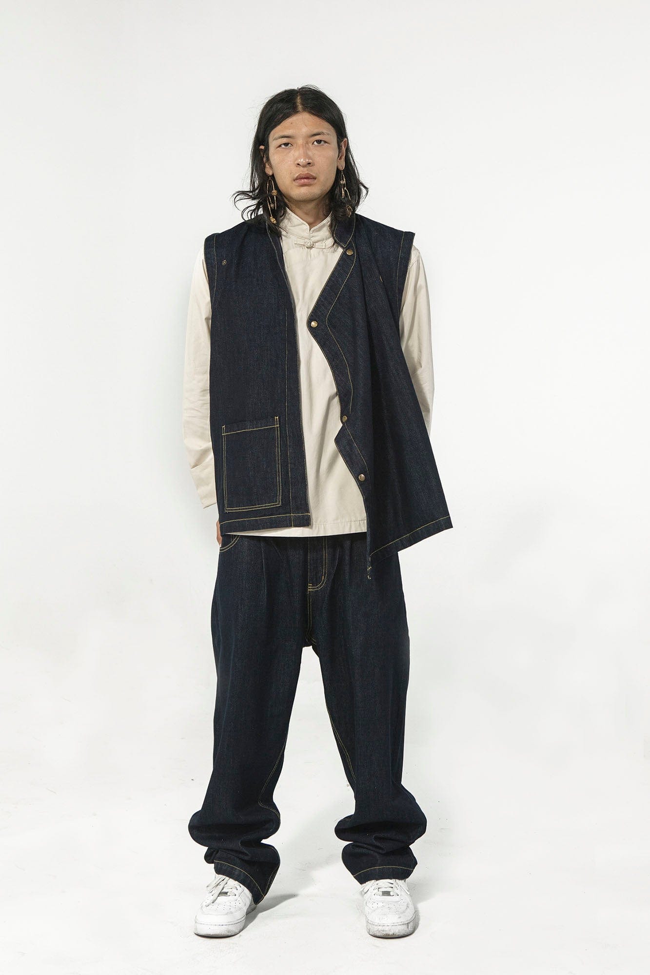 NERHI Asymmetrical Snap Raw Denim Vest, premium urban and streetwear designers apparel on PROJECTISR.com, NERHI