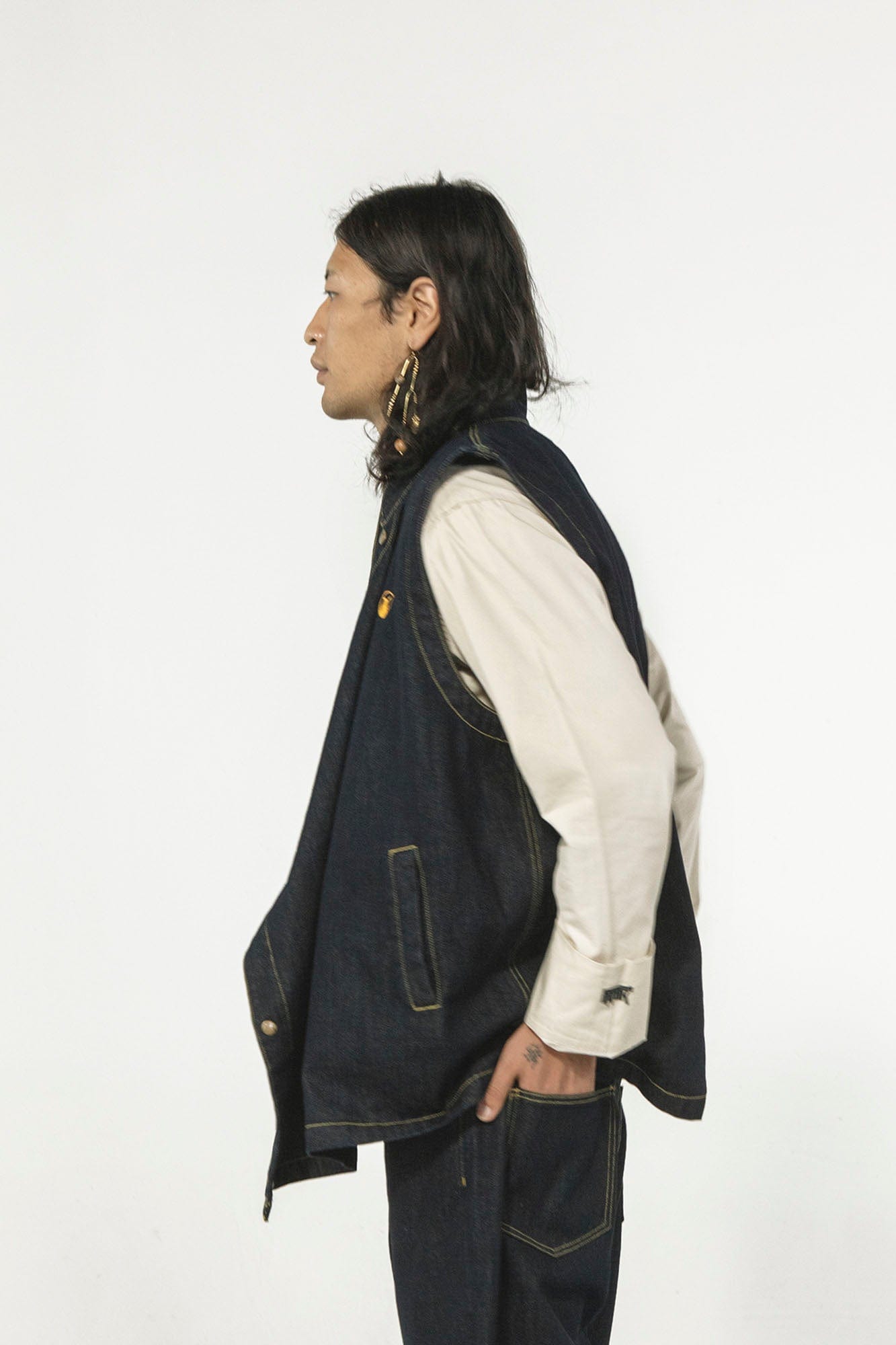 NERHI Asymmetrical Snap Raw Denim Vest, premium urban and streetwear designers apparel on PROJECTISR.com, NERHI