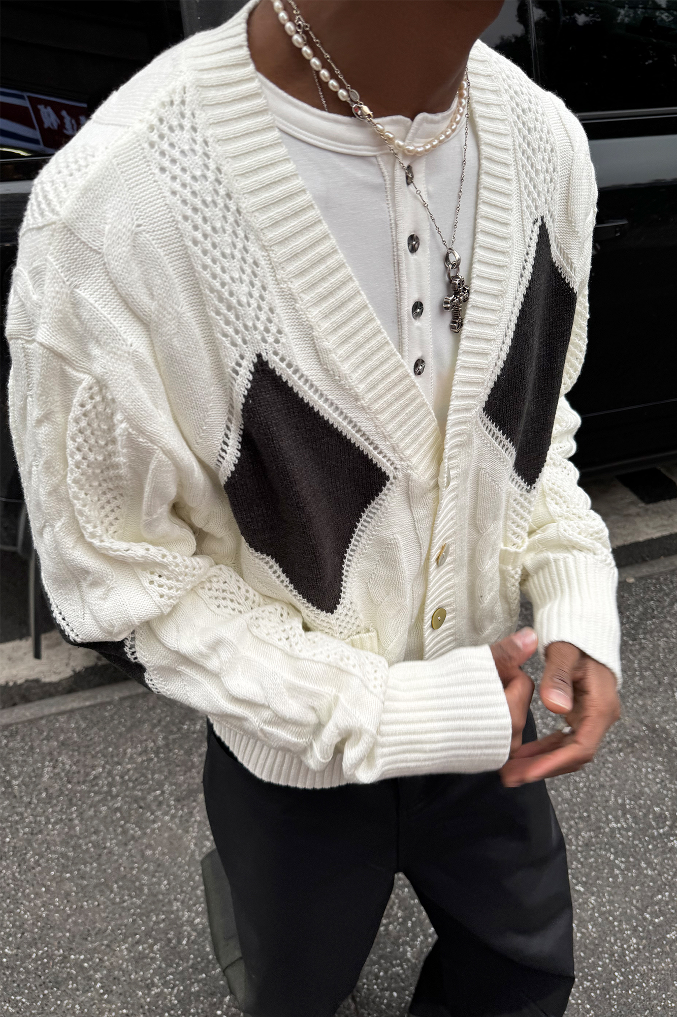 STEEPC Retro Cable-Knit Argyle V-Neck Cardigan, premium urban and streetwear designers apparel on PROJECTISR.com, STEEPC