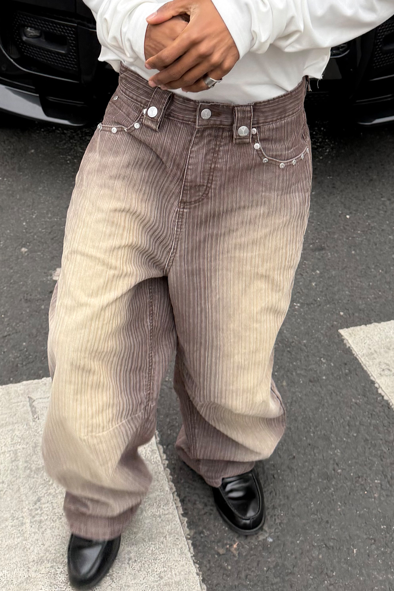 STEEPC Washed Striped Corduroy Studded Wide-Leg Pants, premium urban and streetwear designers apparel on PROJECTISR.com, STEEPC