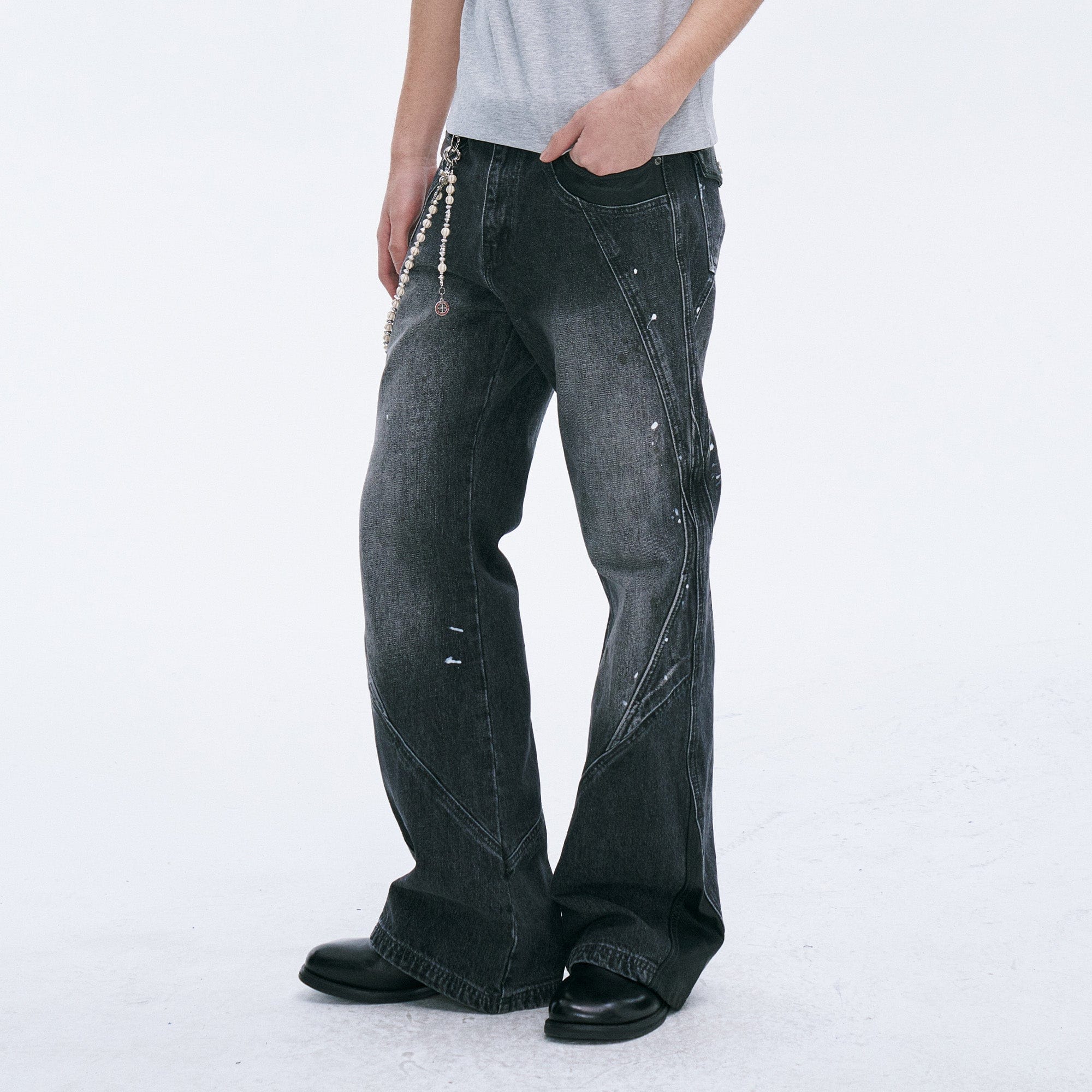 CATSSTAC Washed Panel Paint-Stain Wide-Leg Jeans, premium urban and streetwear designers apparel on PROJECTISR.com, CATSSTAC