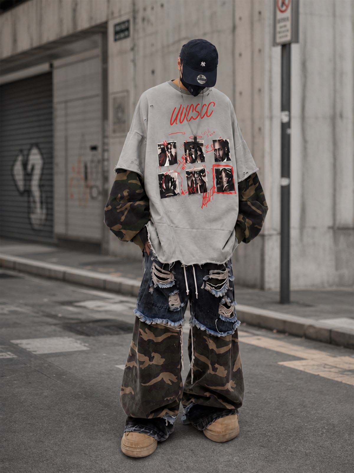 UUCSCC Retro Camo Spliced Distressed Oversized Crewneck Sweatshirt