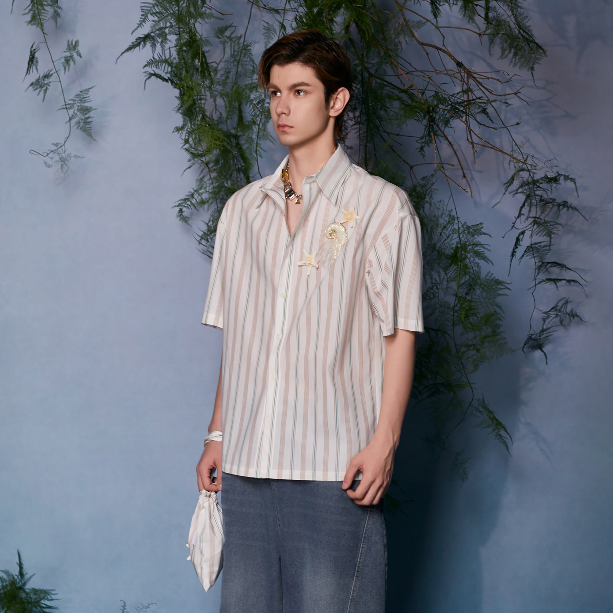 JIECHI Striped Embroidered Half Shirt, premium urban and streetwear designers apparel on PROJECTISR.com, JIECHI